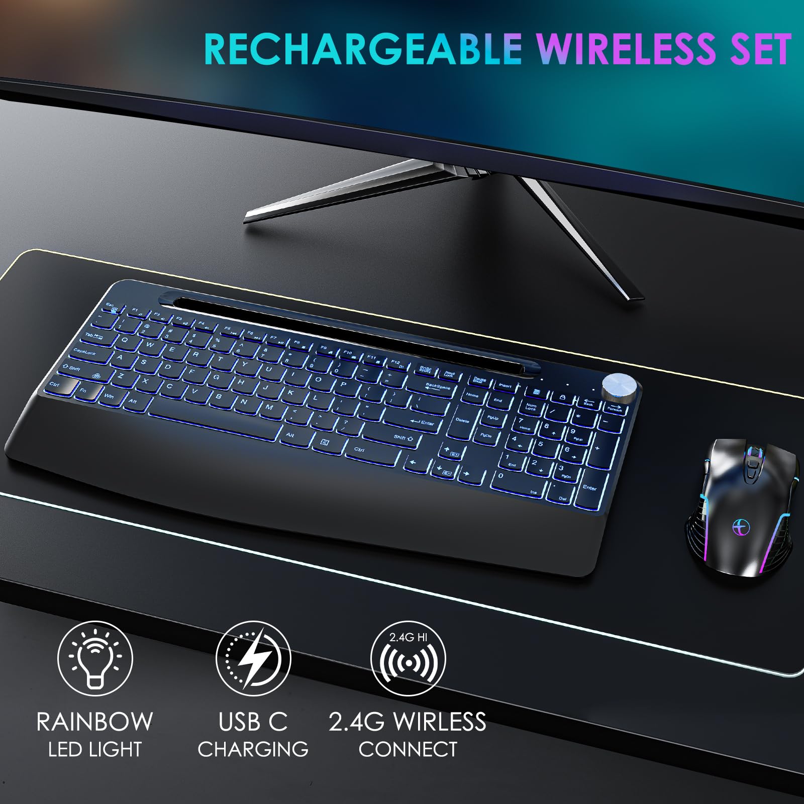 2.4G Wireless Keyboard and Mouse Combo - Rechargeable Ergonomic Wireless Keyboard with 7-Color Backlit, Phone Stand & Volume Control for Mac/Windows PC/Laptop - Perfect for Office, Gaming & Home Use