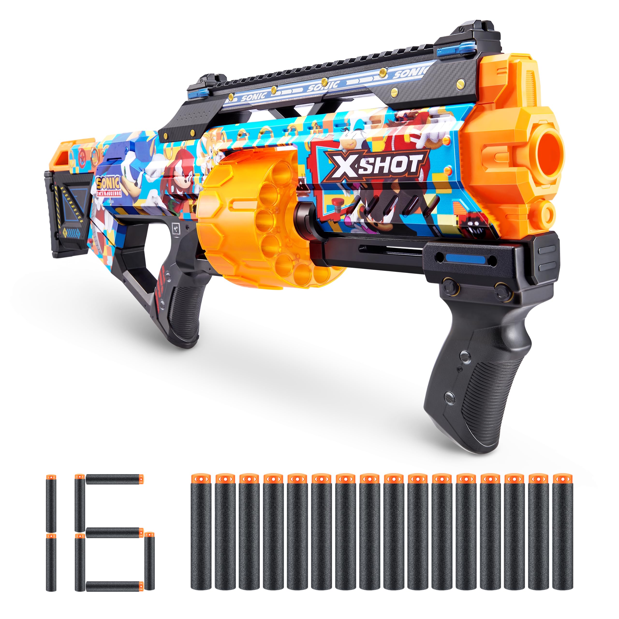 X-Shot Skins Last Stand Blaster - Sonic The Hedgehog Foam Dart Blaster with 16 Darts, Slam Fire Action & Air Pocket Technology | Toy Blaster for Kids, Teens & Adults | Perfect for Nerf Battles, Outdoor Play & Collectible Fun