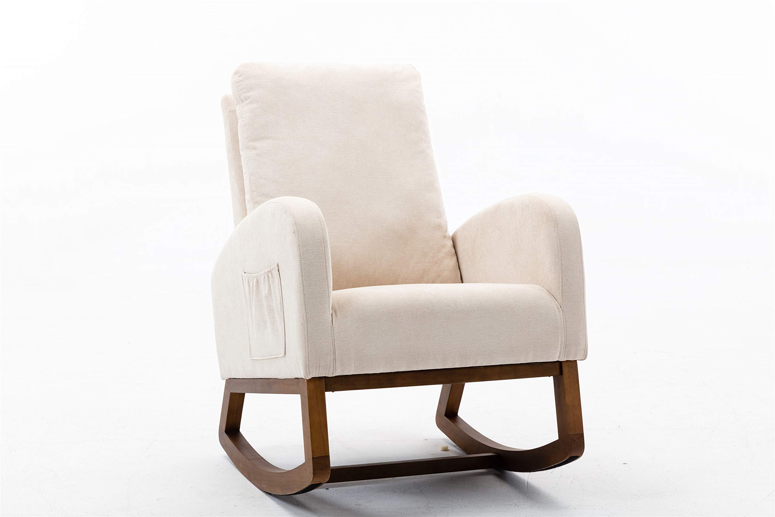 Luccalily Modern Upholstered Rocking Glider Chair with Fabric Padded Seat & Solid Wood Base - Nursery Armchair with Side Pocket - Comfortable Accent Chair for Living Room, Bedroom, Nursery (Perfect for Nursing, Reading & Relaxing)