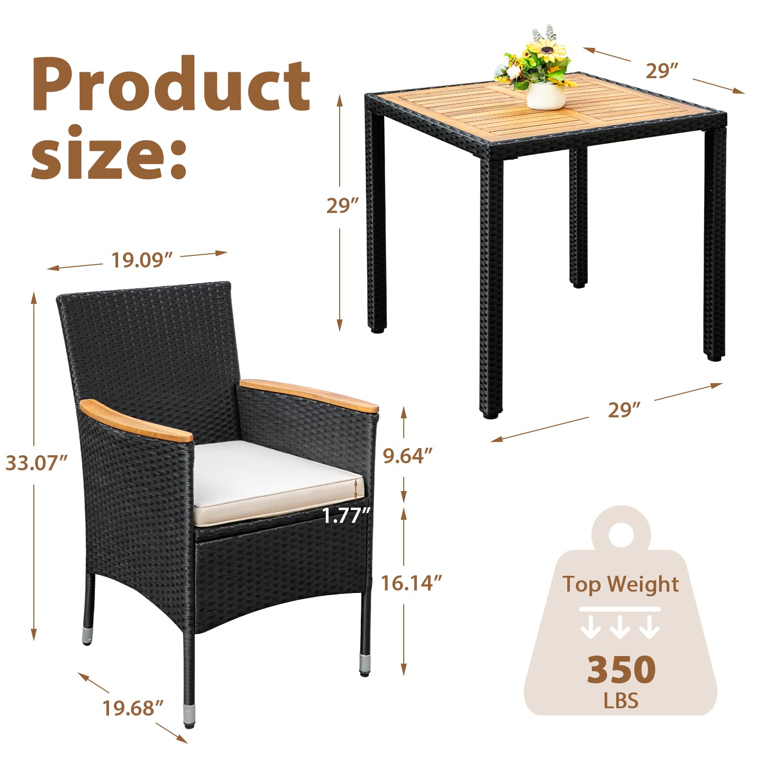 Flamaker 3-Piece Outdoor Patio Dining Set - Acacia Wood Table & Wicker Chairs with Cushions - Weather-Resistant Black Furniture for Deck, Backyard, Porch, Garden - Perfect for Outdoor Entertaining & Relaxation