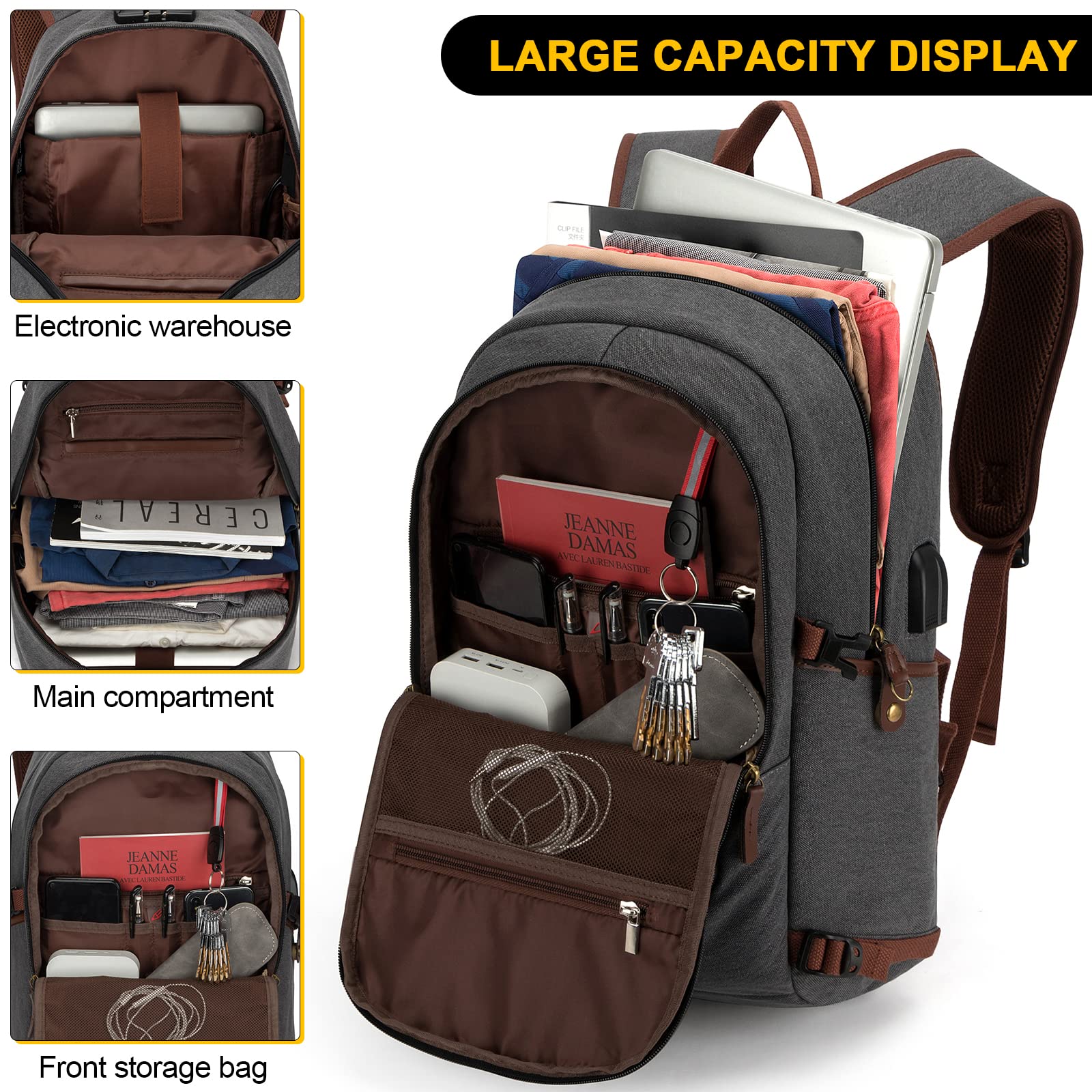Tzowla Anti-Theft Laptop Backpack for Men & Women - 15.6 Inch USB Charging College Bookbag with Lock - Durable Canvas Rucksack for School, Work & Travel - Dark Grey | Perfect for Commuting, Business Trips & Campus Life