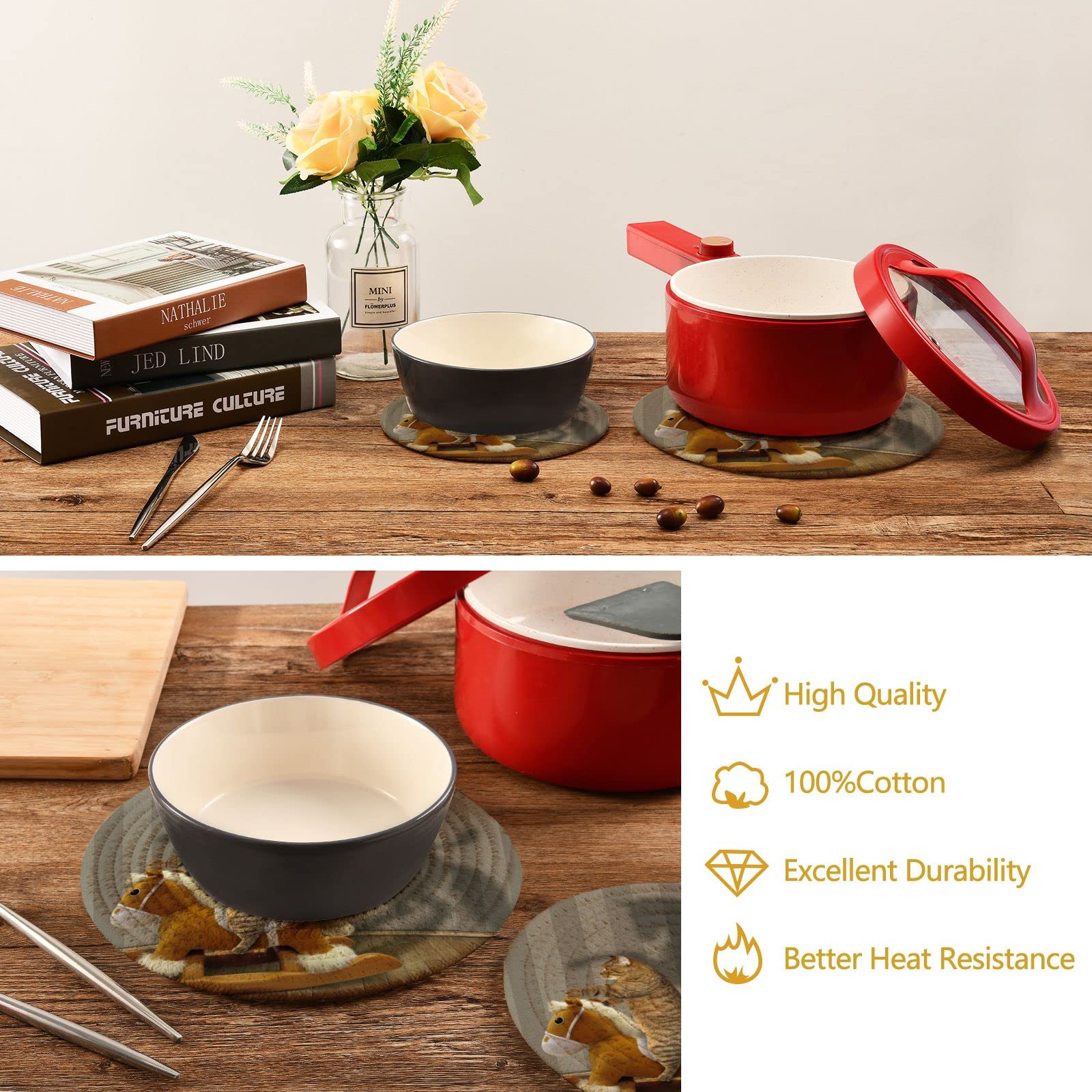 Heat Resistant Cat Lion Shadow Pot Holders & Trivets Set of 2 - Cute Cotton Woven Kitchen Trivet Mats for Hot Pans, Bowls & Teapots - Perfect for Kitchen Decor & Protecting Countertops from Heat Damage