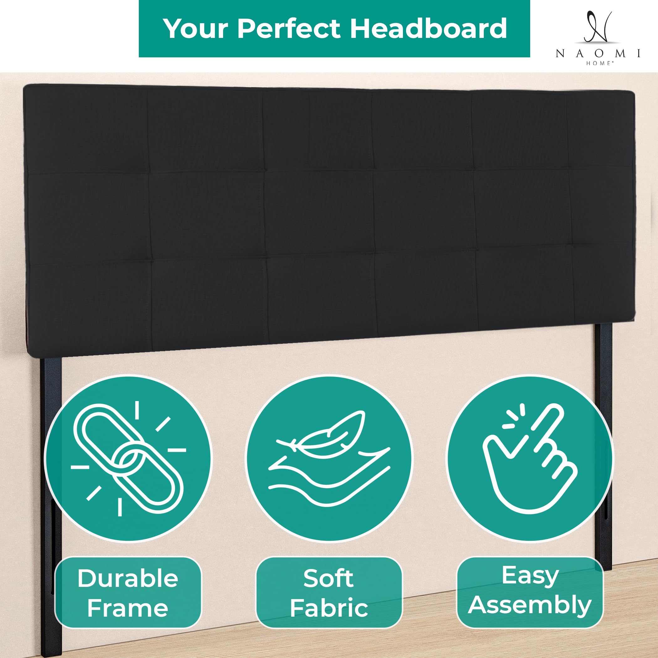 Jessenia Upholstered Tufted Queen Size Headboard - 12 Adjustable Positions, Wall Mounted Linen Fabric Bed Backboard (Black) | Perfect for Modern Bedrooms, Guest Rooms & Apartment Decor
