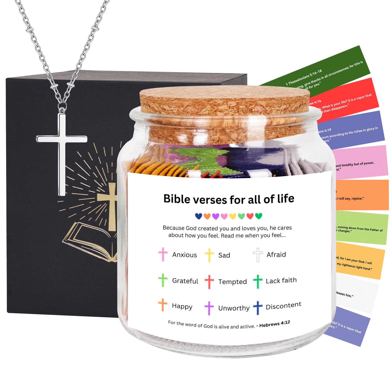 Large Christian Prayer Jar with Bible Verses & Cross Necklace - Perfect Gift for Women & Easter