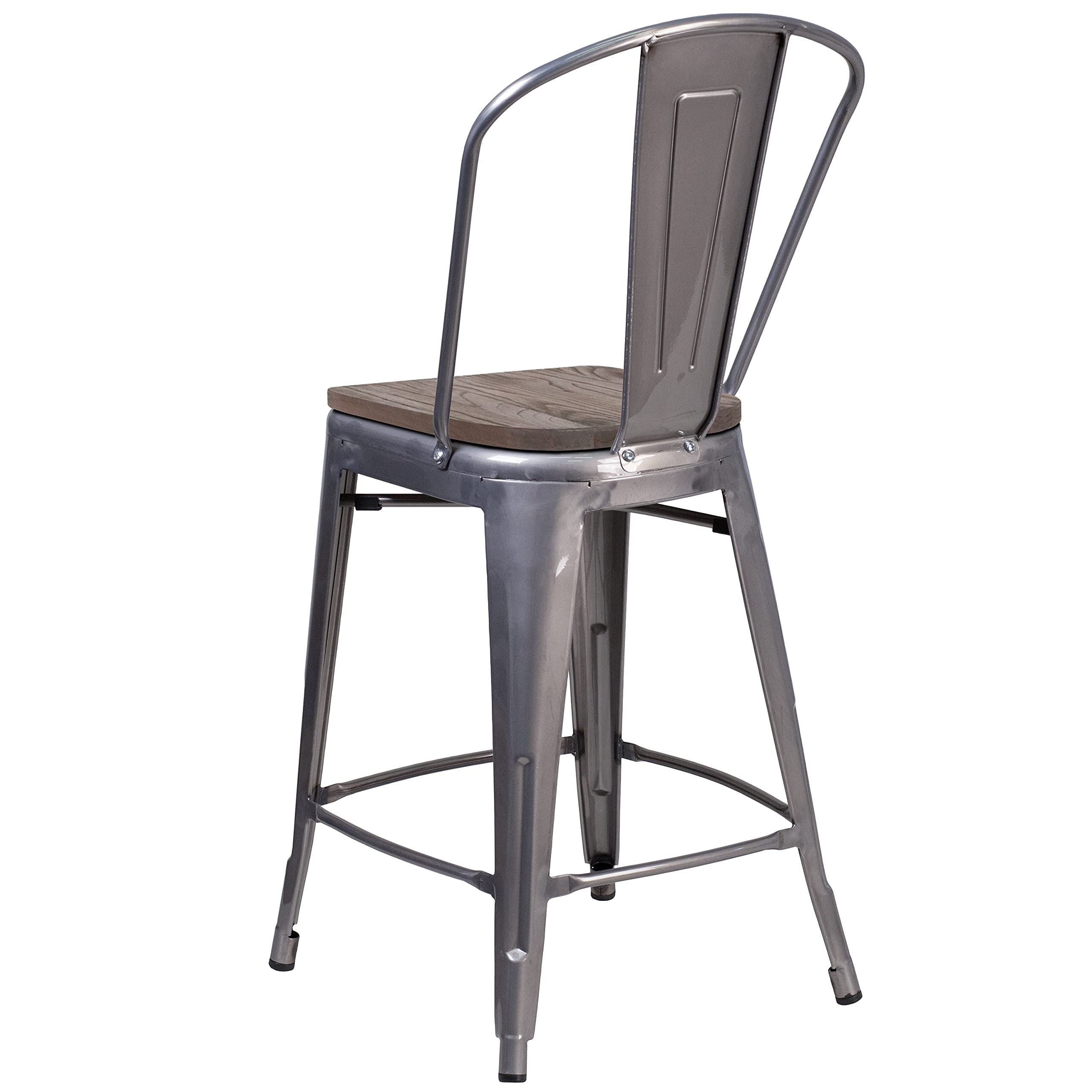 EMMA + OLIVER 24 Inch H Clear Coated Counter Height Bar Stool with Back Support & Wood Seat - Perfect for Kitchen Islands, Breakfast Bars & Home Dining Areas