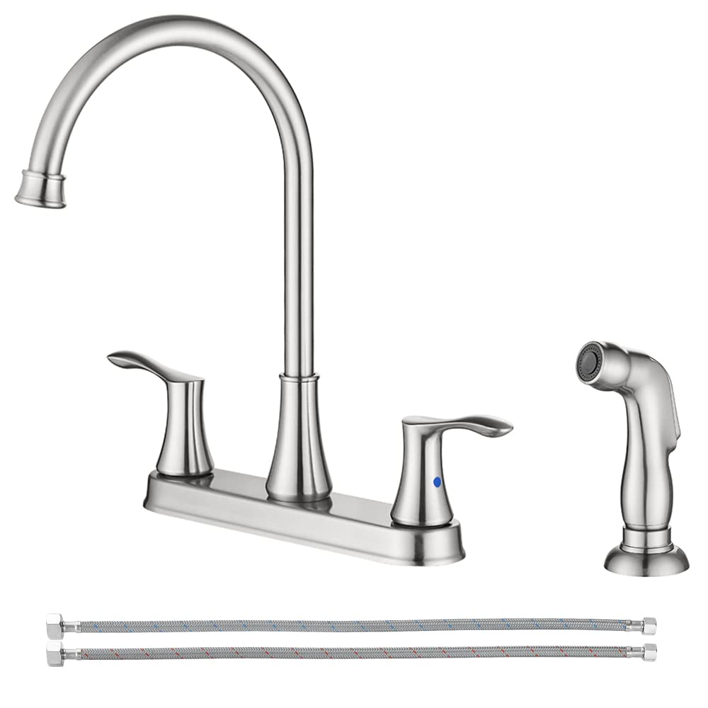 PARLOS 8 Inch Brushed Nickel High Arch Two Handle Kitchen Sink Faucet with Pull Down Side Sprayer & Supply Lines - Perfect for Modern Farmhouse, RV, and Restaurant Kitchen Renovations (Model: Demeter 14138)