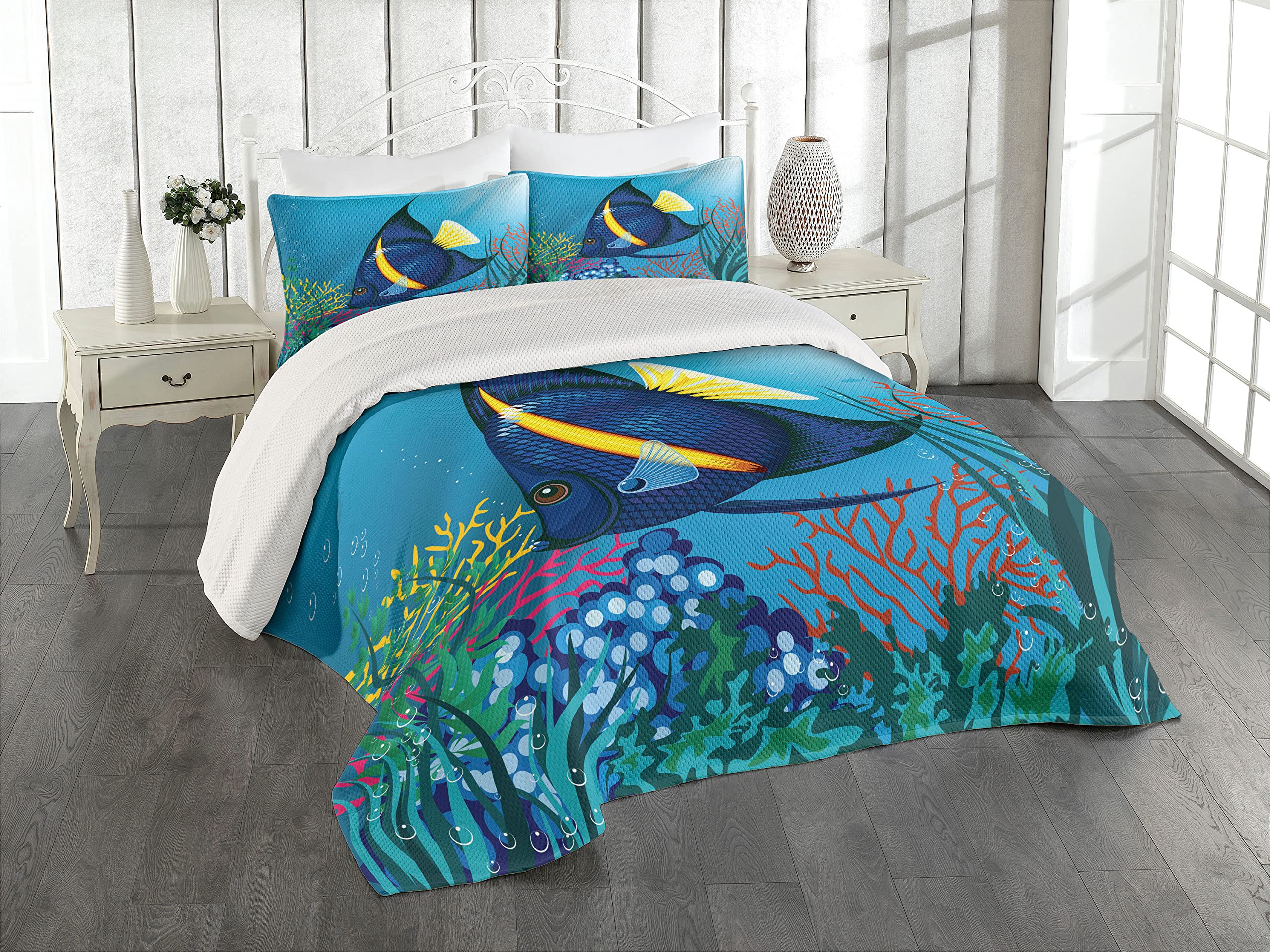 Lunarable King Size Nautical Quilt Set - Tropical Fish Underwater Coral Reef Ocean Theme, 3-Piece Bedspread with 2 Pillow Shams in Blue & Yellow | Perfect for Beach House Decor, Coastal Bedroom, and Marine Lover's Home