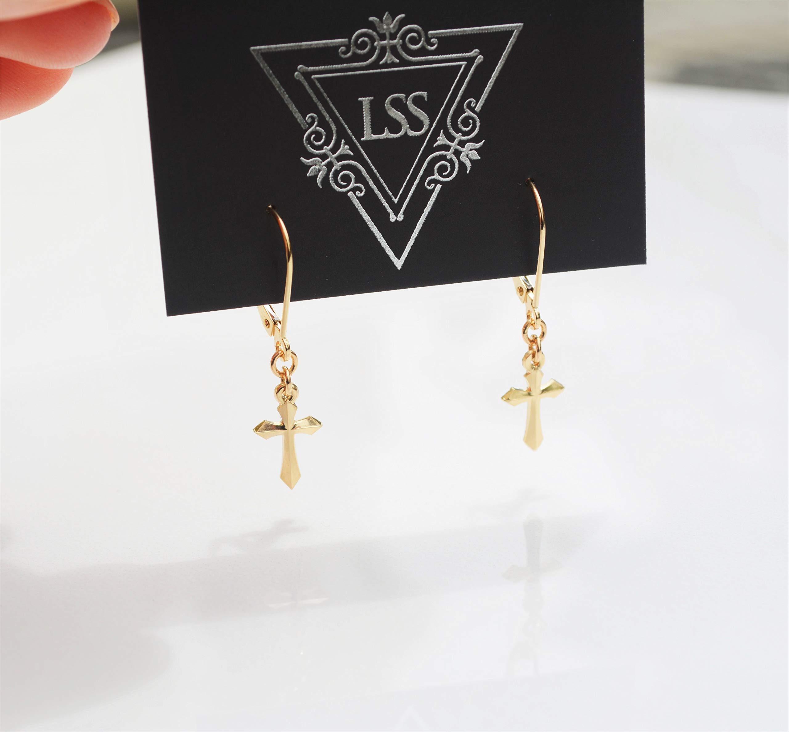 14K Gold Small Dangle Cross Earrings for Men & Women – Handmade in USA – Solid 14K Yellow Gold Pair (2 Earrings) – Perfect for Everyday Wear, Gifts & Religious Occasions