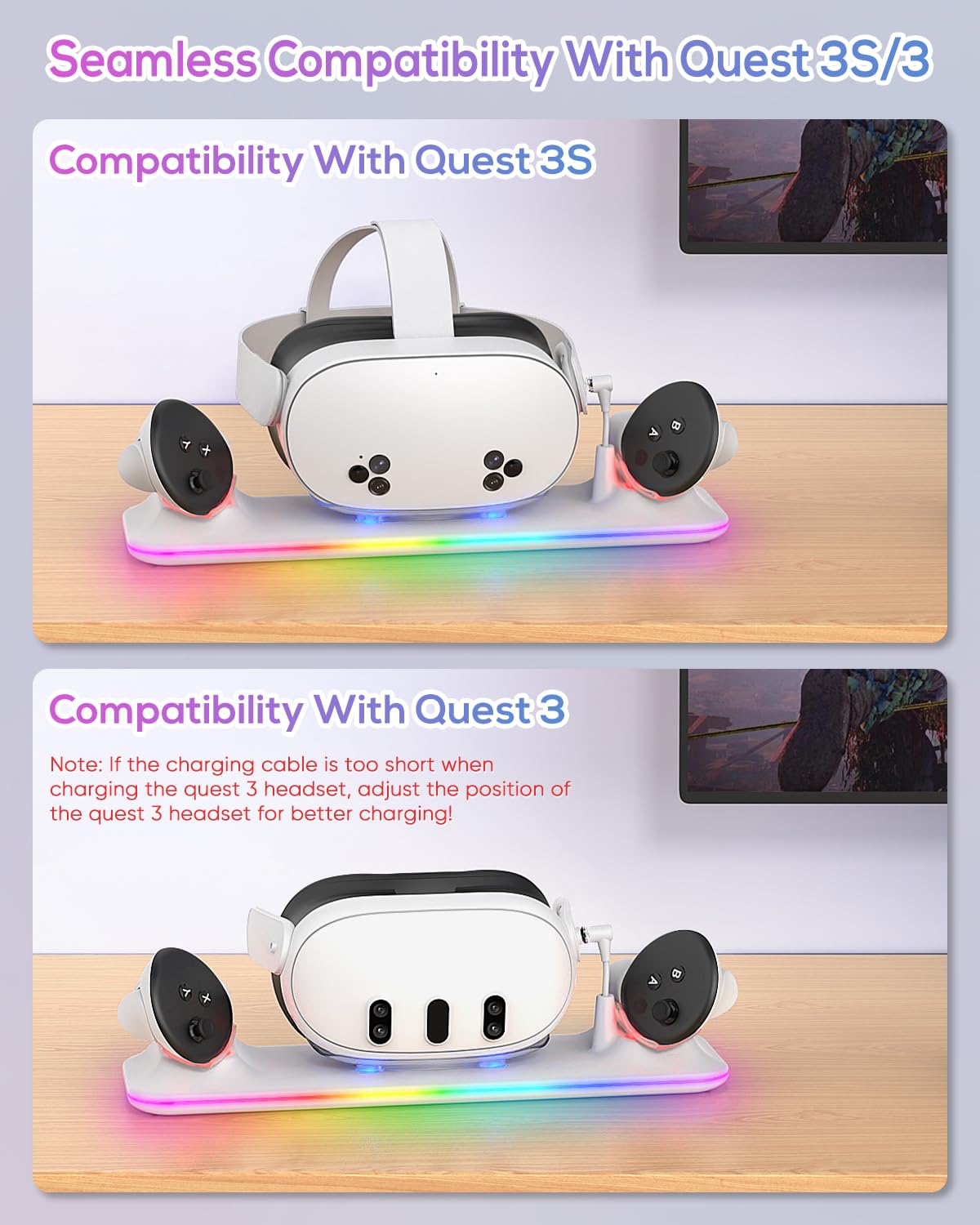 Meta Quest 3S/3 Charging Dock with RGB Lights - Magnetic Charging Station for Oculus Quest 3S/3 VR Headset & Controllers - Includes 2 Rechargeable Batteries - Perfect for Gaming, VR Entertainment & Home Theater Setup
