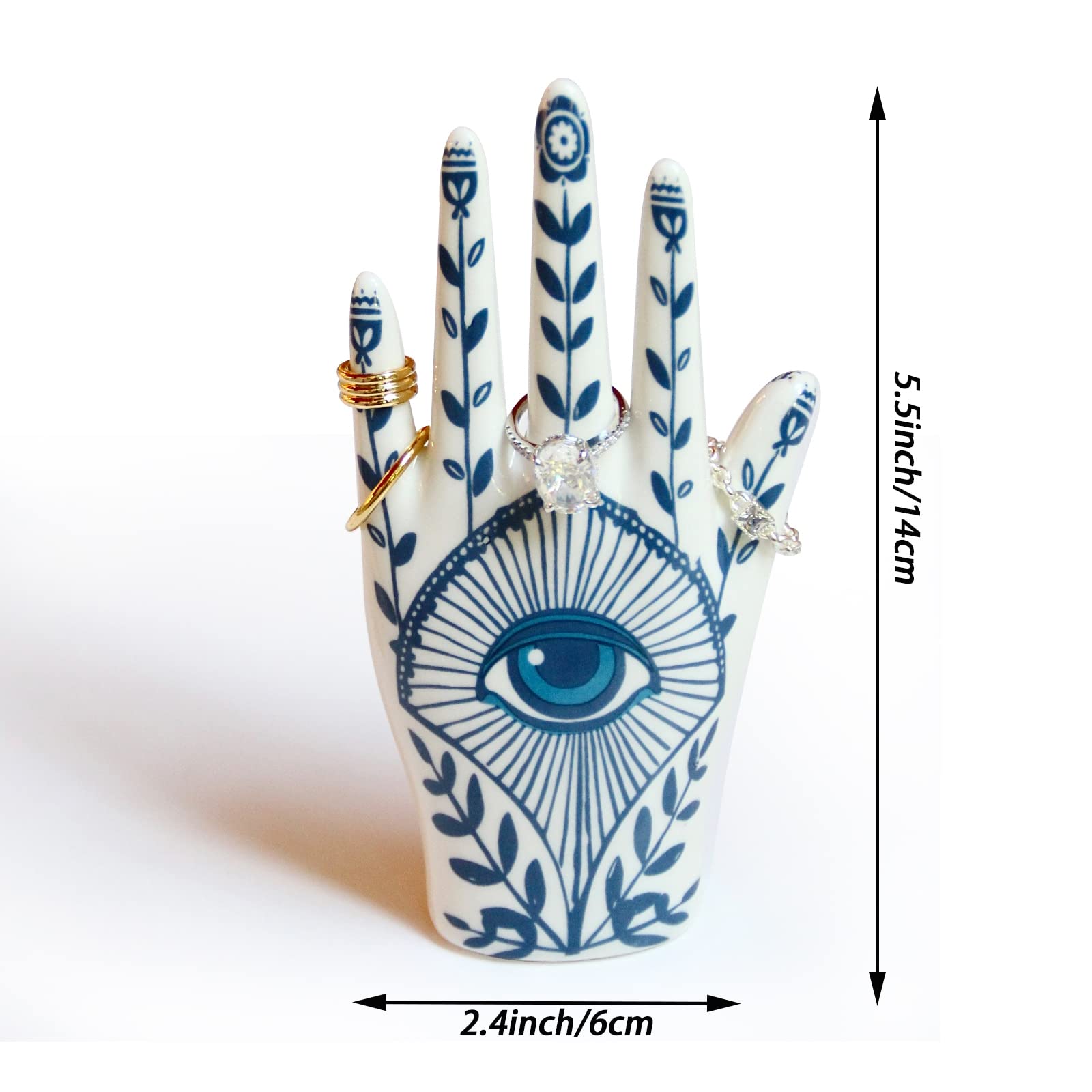 Hamsa Hand Ring Holder with Blue Evil Eye - Boho Decor Ring Stand & Organizer for Bathroom, Bedroom, Vanity - Aesthetic Room Decor, Preppy Home Gifts for Women - Perfect for Yoga Studios, Meditation Spaces & Spiritual Decor