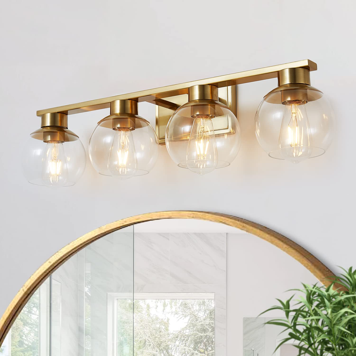 PAZALA Brushed Brass Bathroom Light Fixture - 4-Light Vanity Wall Sconce with Globe Glass Shade, E26 Base - Modern Over Mirror Lighting for Bathroom, Bedroom & Hallway - Dimmable Vanity Lights for Makeup, Shaving & Ambient Lighting