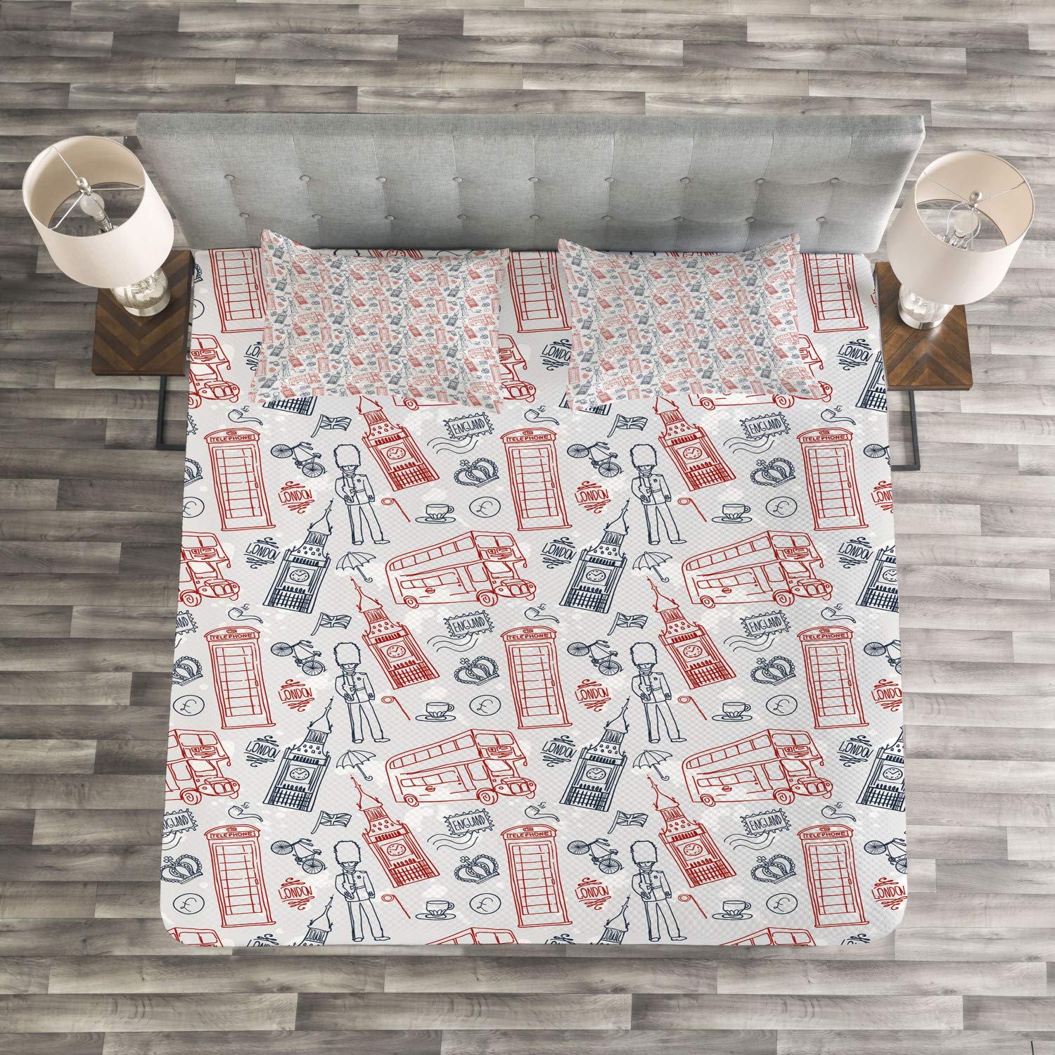 Ambesonne London Bedspread Set - English Country Culture Travel Theme 3-Piece Bedding with 2 Pillow Shams, Queen Size, Vermilion & Dark Blue - Perfect for Guest Rooms, Vacation Homes & British-Themed Decor