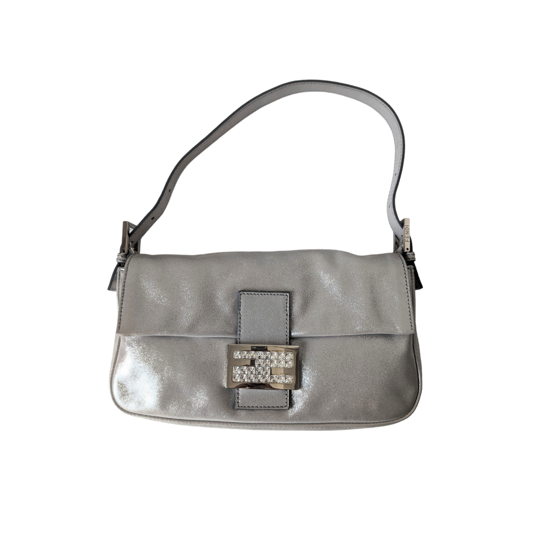 Exclusive Fendi Shimmering Silver Baguette Bag with Rhinestone Buckle - Perfect for Evening Parties & Luxury Fashion Accessories