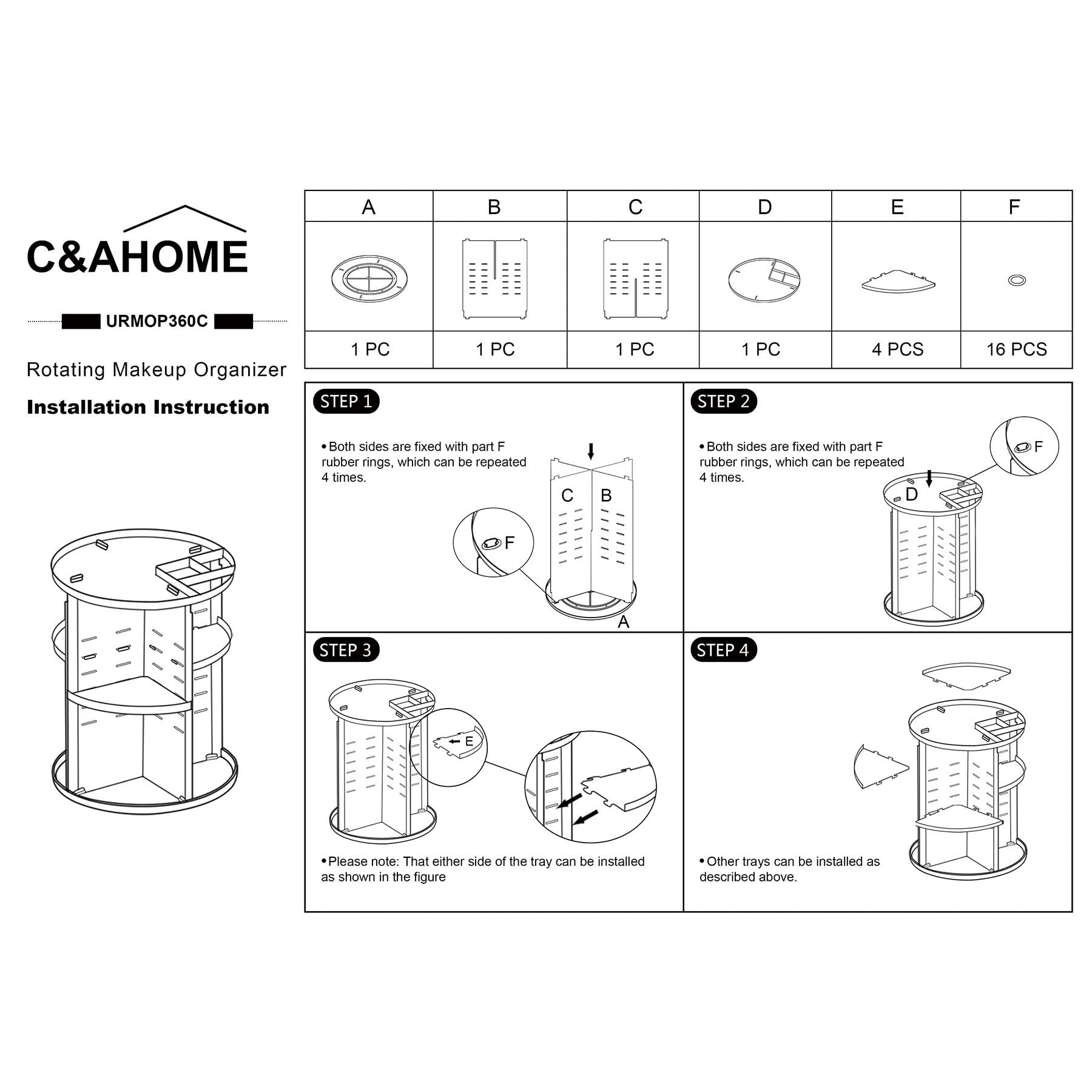 C&AHOME 360° Rotating Makeup Organizer - Large Capacity Adjustable Cosmetic Storage Display with 6-Tier Acrylic Shelves | Perfect for Vanity, Bathroom & Dressing Table Organization (URMOP360C)