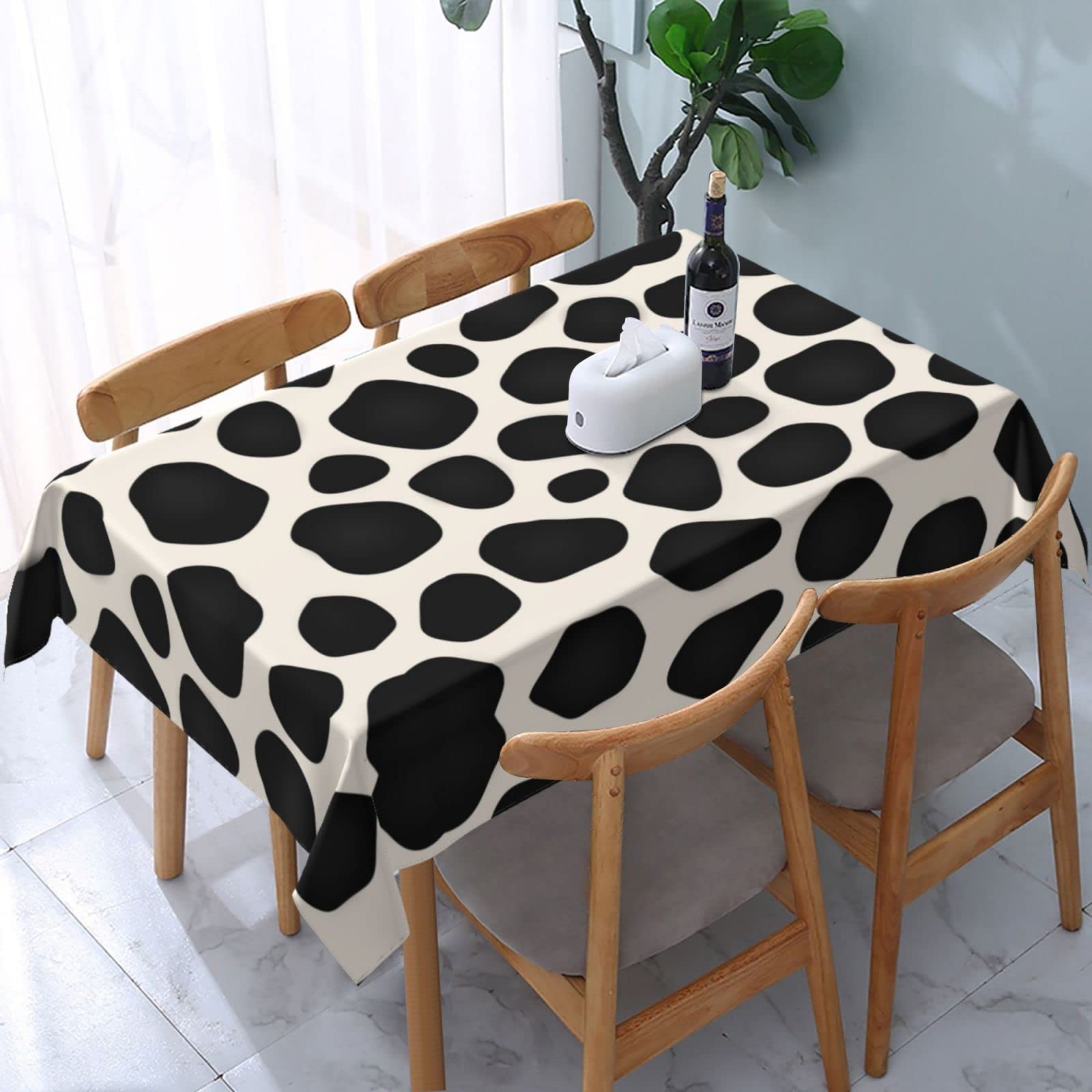 Waterproof Washable Rectangle Tablecloth 54x72 Inch - Cow Print Party Table Cover for Holiday, Camping, Picnic & Indoor Dining - Black