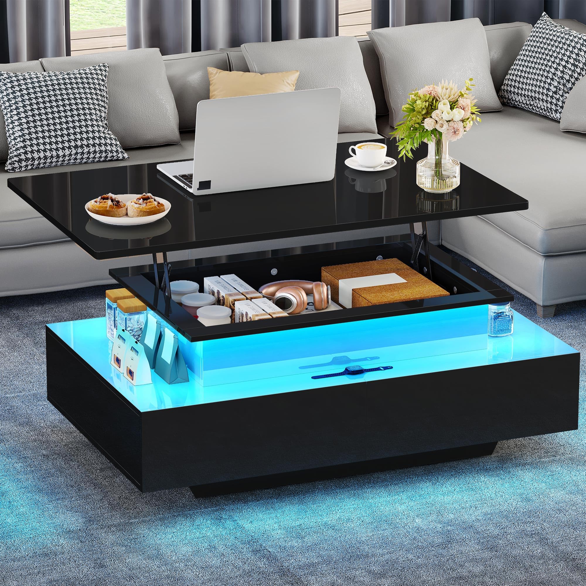 YITAHOME Lift Top Coffee Table with Storage & LED Lights - Modern Rectangular Living Room Table with 4 Spacious Drawers - Perfect for Small Spaces, Home Office & Entertainment Areas (Black)
