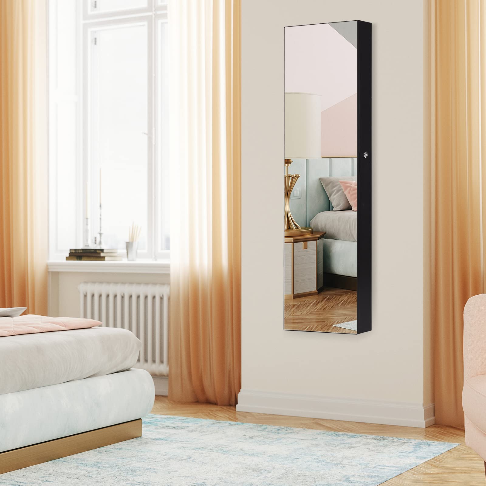COSTWAY Hanging Jewelry Organizer with Full-Length Mirror & LED Lights - Wall Mount Jewelry Cabinet with Lock, Large Storage for Necklaces, Rings, Earrings - Perfect for Bedroom, Closet & Dressing Room (Black)