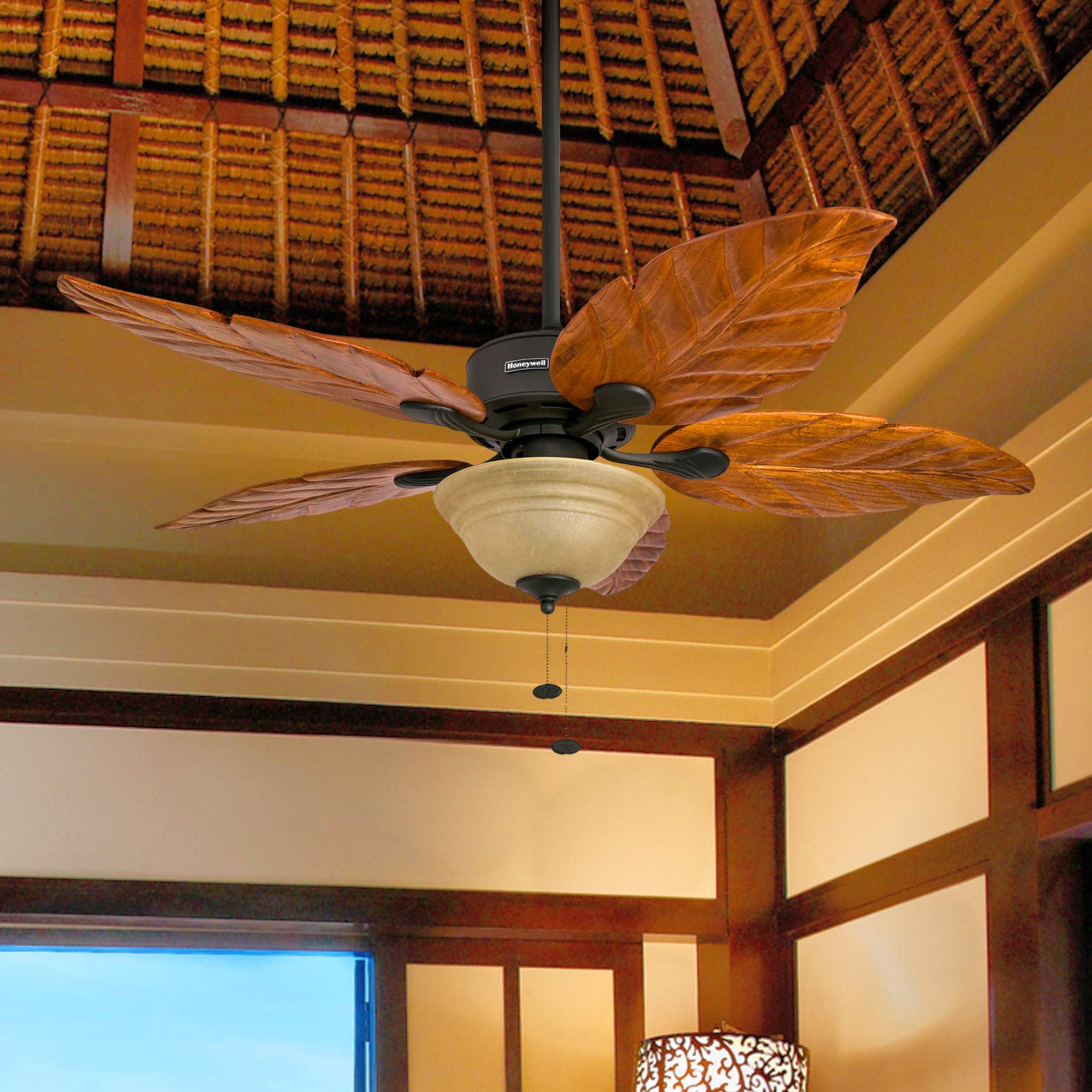Honeywell 52 Inch Royal Palm Tropical Ceiling Fan with LED Light, Pull Chain, 3 Mounting Options & Hand Carved Solid Wood Blades - Indoor/Outdoor Use for Bedroom, Living Room, Patio (Bronze, Model 50204-01)