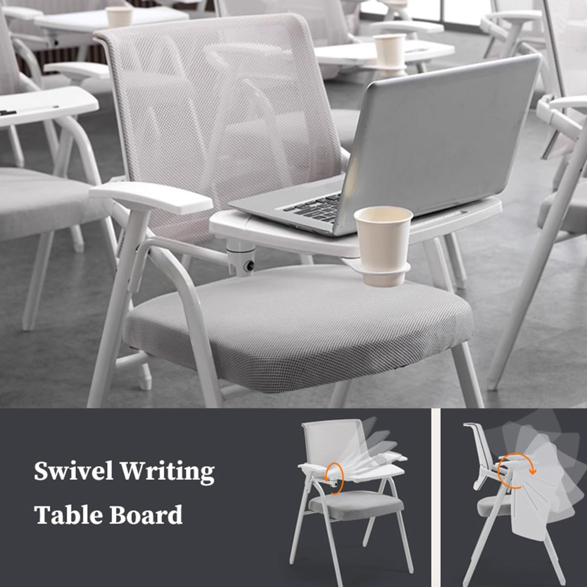 Ergonomic Mesh Office Chair with Attached Desk - Adjustable Folding Chair with Writing Board for Adults, Students & Conference Rooms - Comfortable Metal Frame Backrest (Orange) - Perfect for Home Office, Study Sessions & Business Meetings