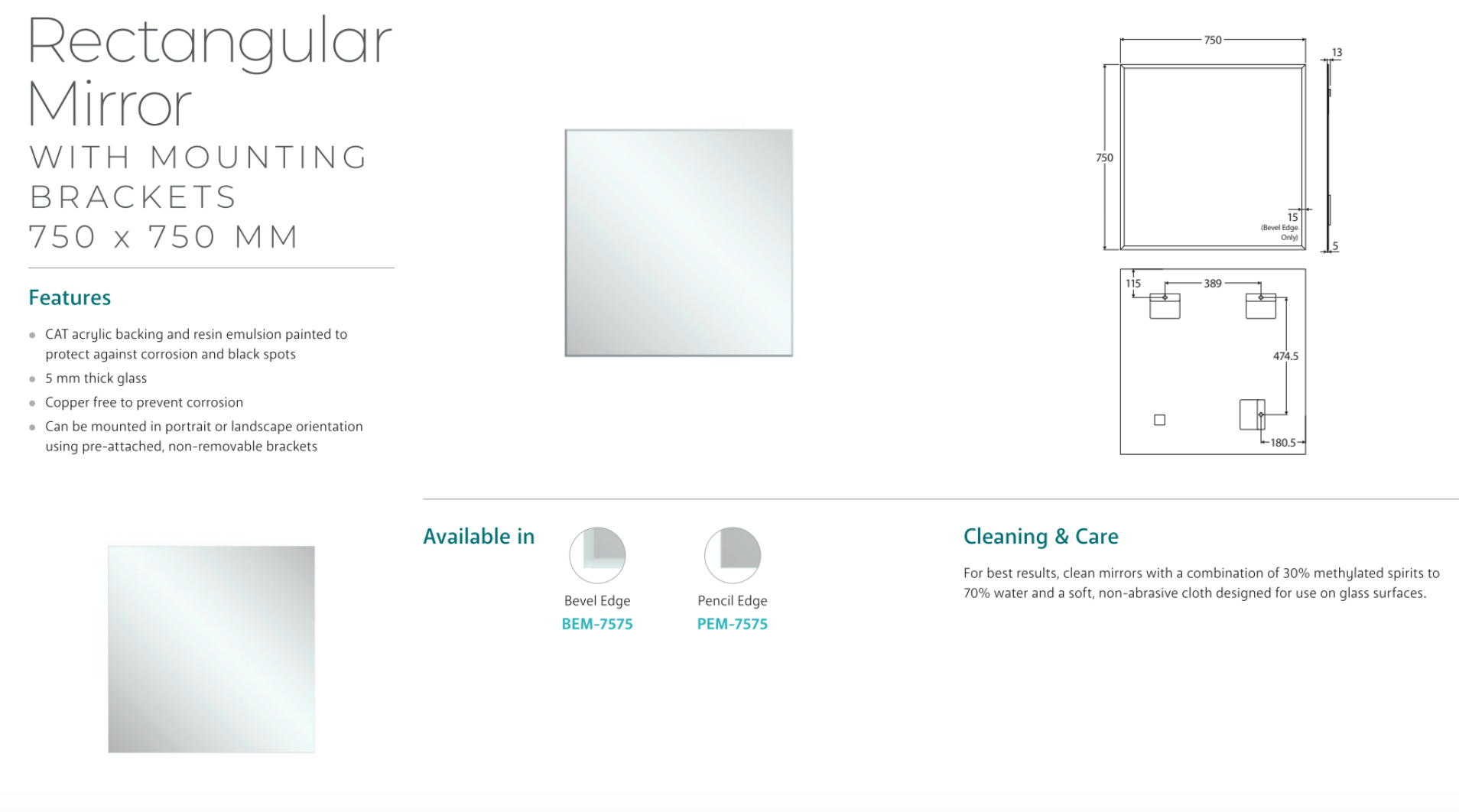 Fienza BEM 7575 Bevel Edge Rectangular Mirror 30x30 Inches - Modern Frameless Bathroom Wall Mirror for Vanity, Hallway, or Bedroom Decor