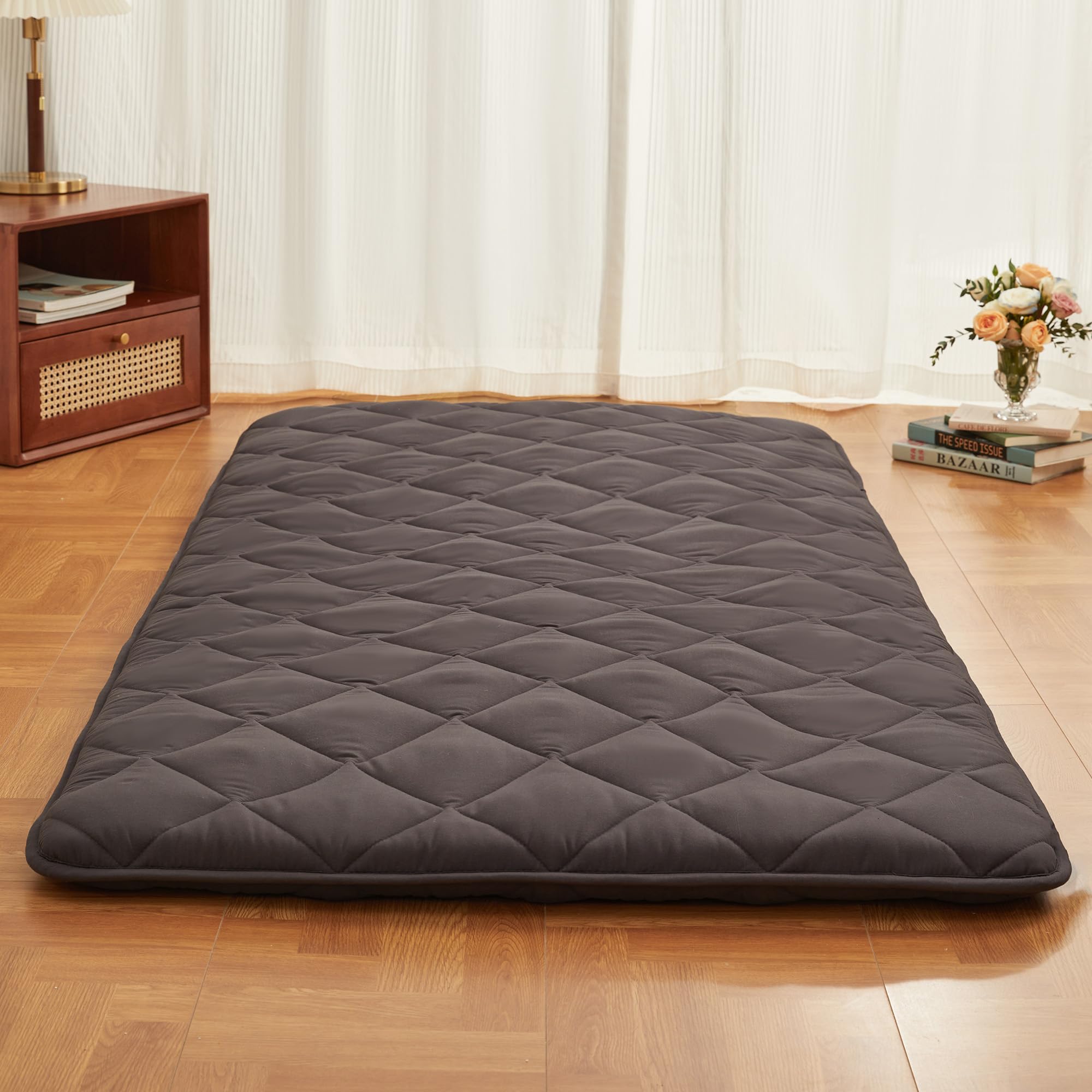 Japanese Floor Futon Mattress - Tatami Mat Sleeping Pad & Shikibuton Mattress Topper | Foldable Portable Floor Lounger Bed for Dorm, Guest Room & Kids | Twin Size Grey - Perfect for Small Spaces, Sleepovers & Travel