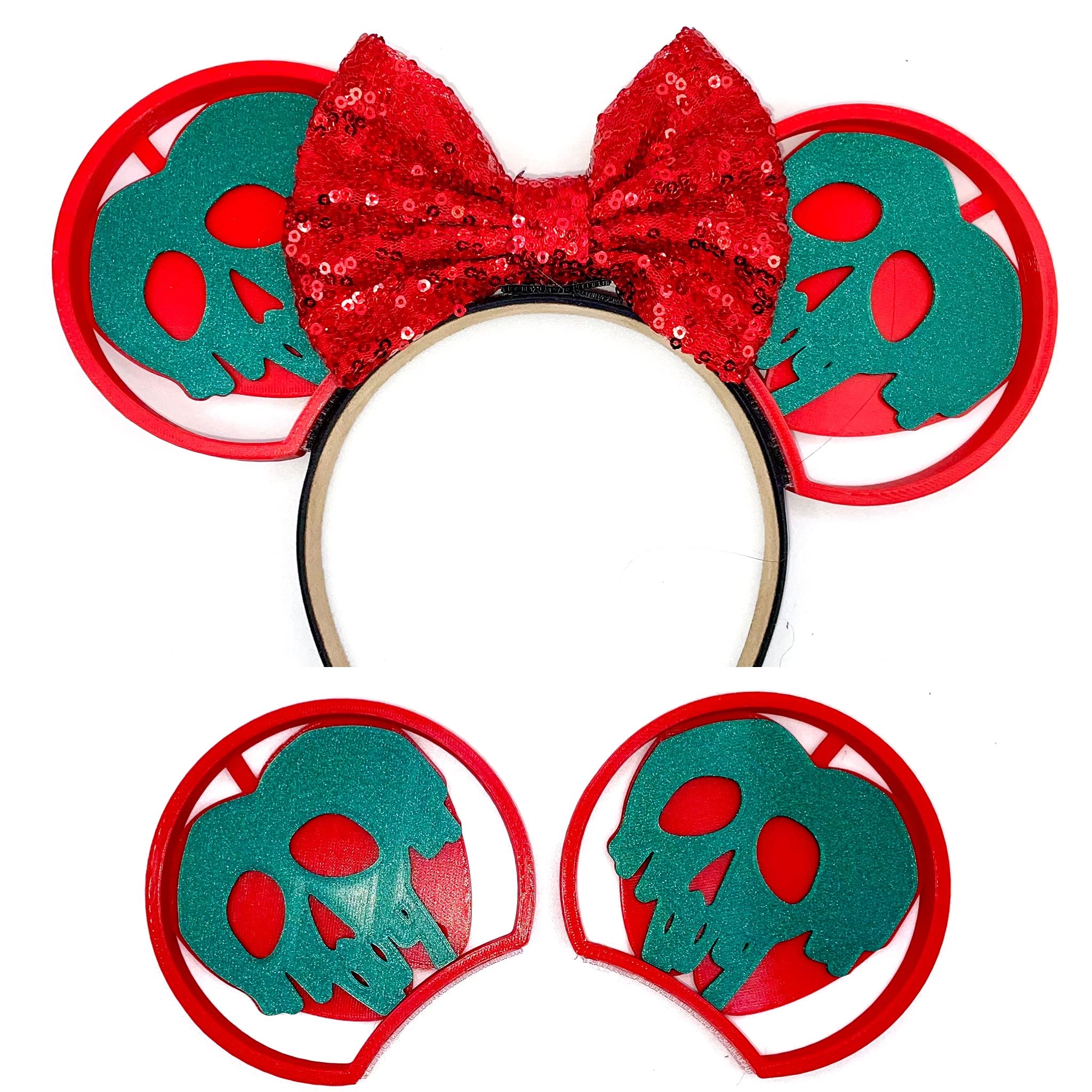 3D Printed Interchangeable Mouse Ears Headband - Poison Apple Design with Red Glitter Bow | Disney Inspired Costume Accessory for Halloween, Cosplay, and Theme Park Visits