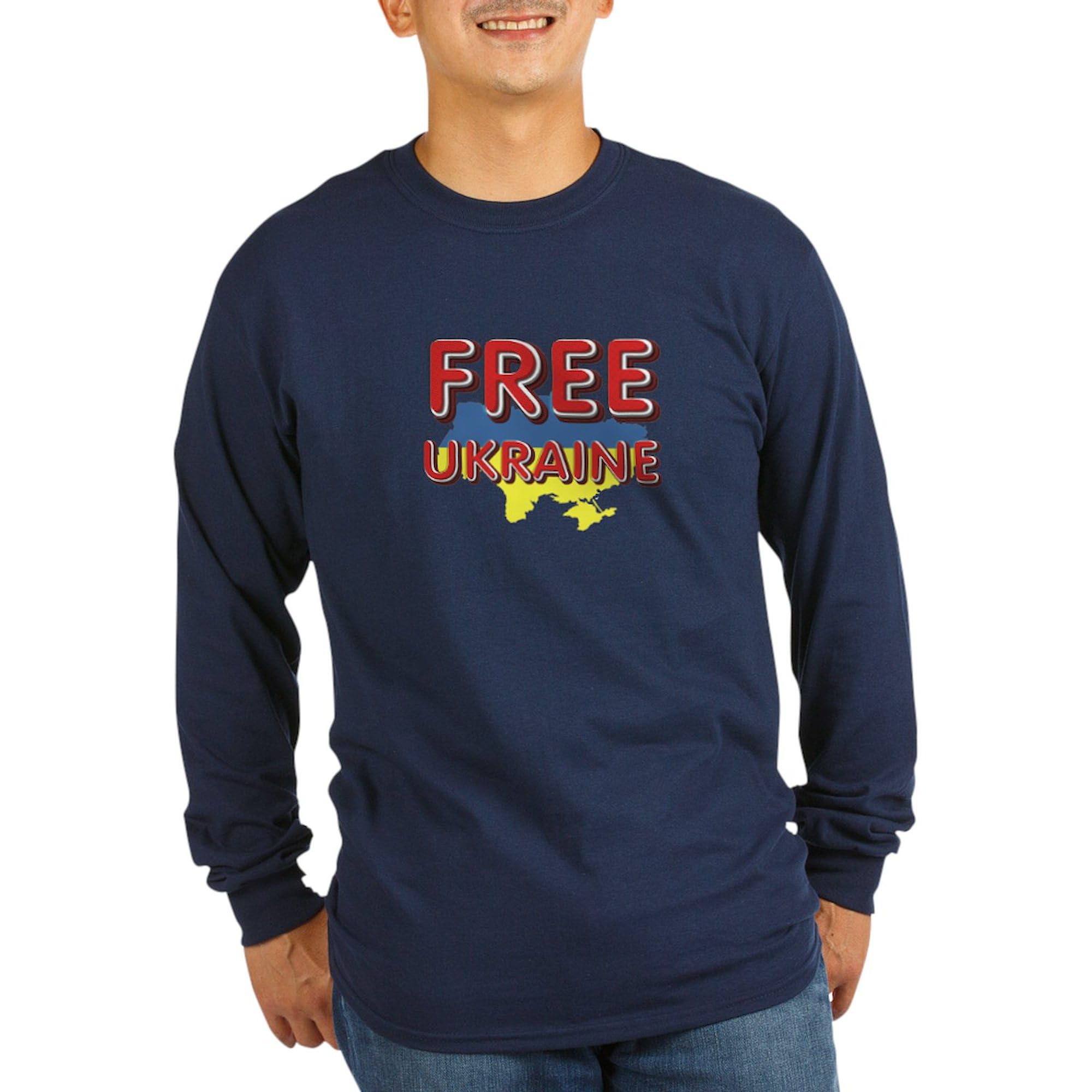 Free Ukraine Long Sleeve Dark T-Shirt for Men - Solid Color Crewneck Tee - Casual Wear & Protest Support