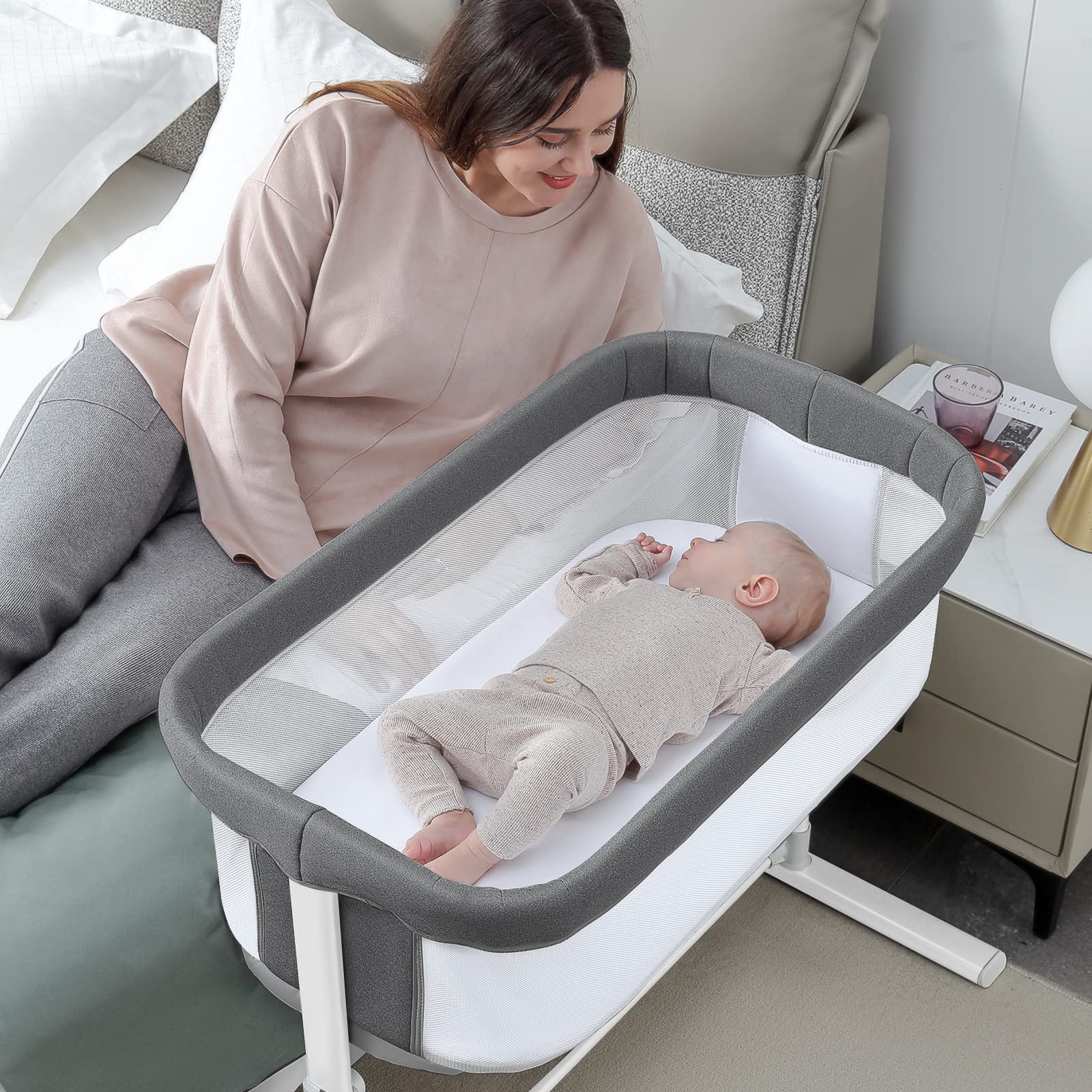 RONBEI Breathable Mesh Bedside Bassinet for Newborn - Lightweight Portable Baby Crib with Easy Assembly | Perfect for Nursery, Bedroom & Travel Use