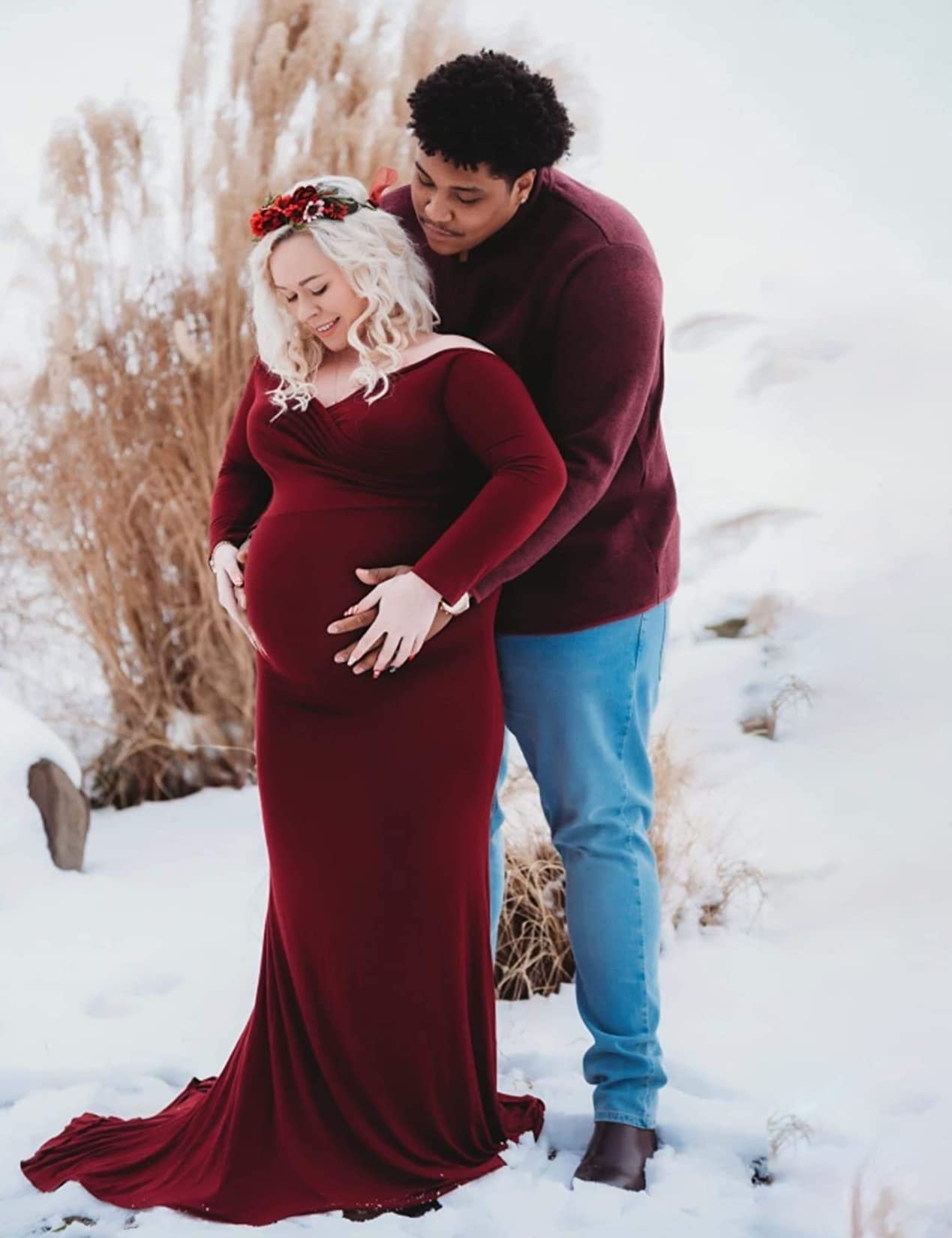 Saslax Elegant Fitted Maternity Gown - Long Sleeve Slim Fit Maxi Dress for Pregnancy Photoshoot, Baby Shower & Special Occasions