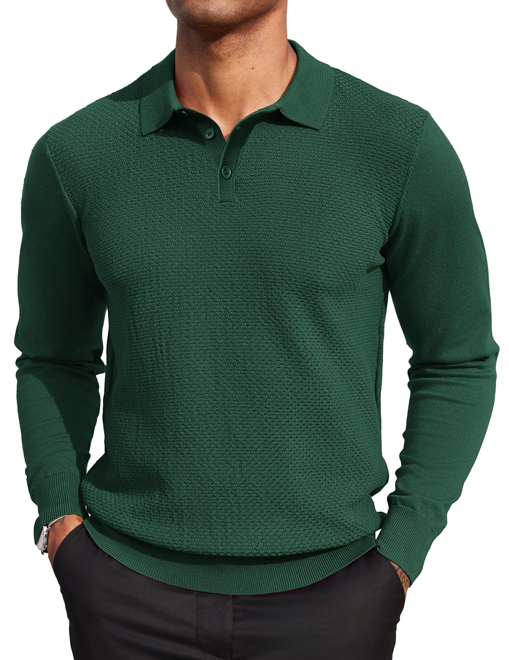 COOFANDY Men's Long Sleeve Knit Polo Sweater - Casual Quarter Button Collared Golf Pullover with Waffle Texture | Perfect for Golf, Office & Fall Layering