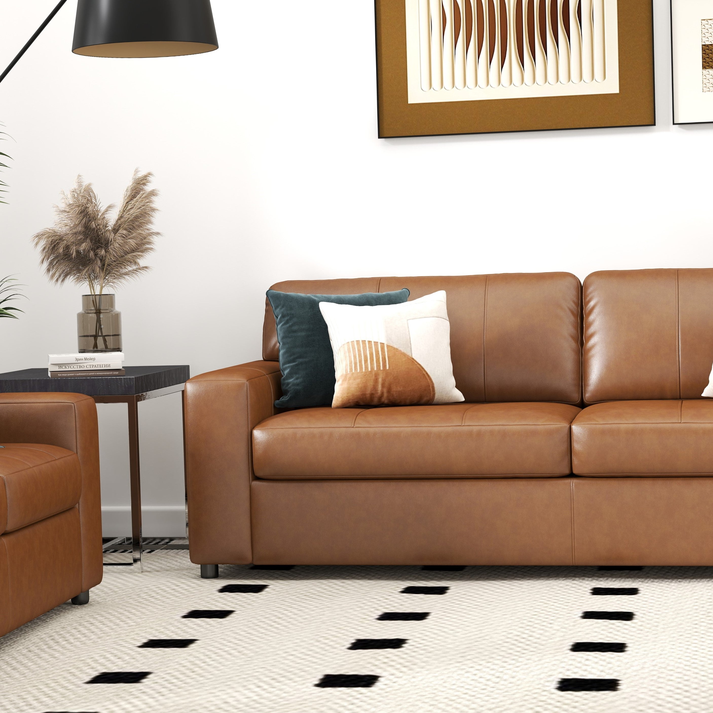 Roundhill Furniture Sakan Genuine Leather Upholstered Sofa - Modern Living Room Couch for Home, Office & Lounge Comfort