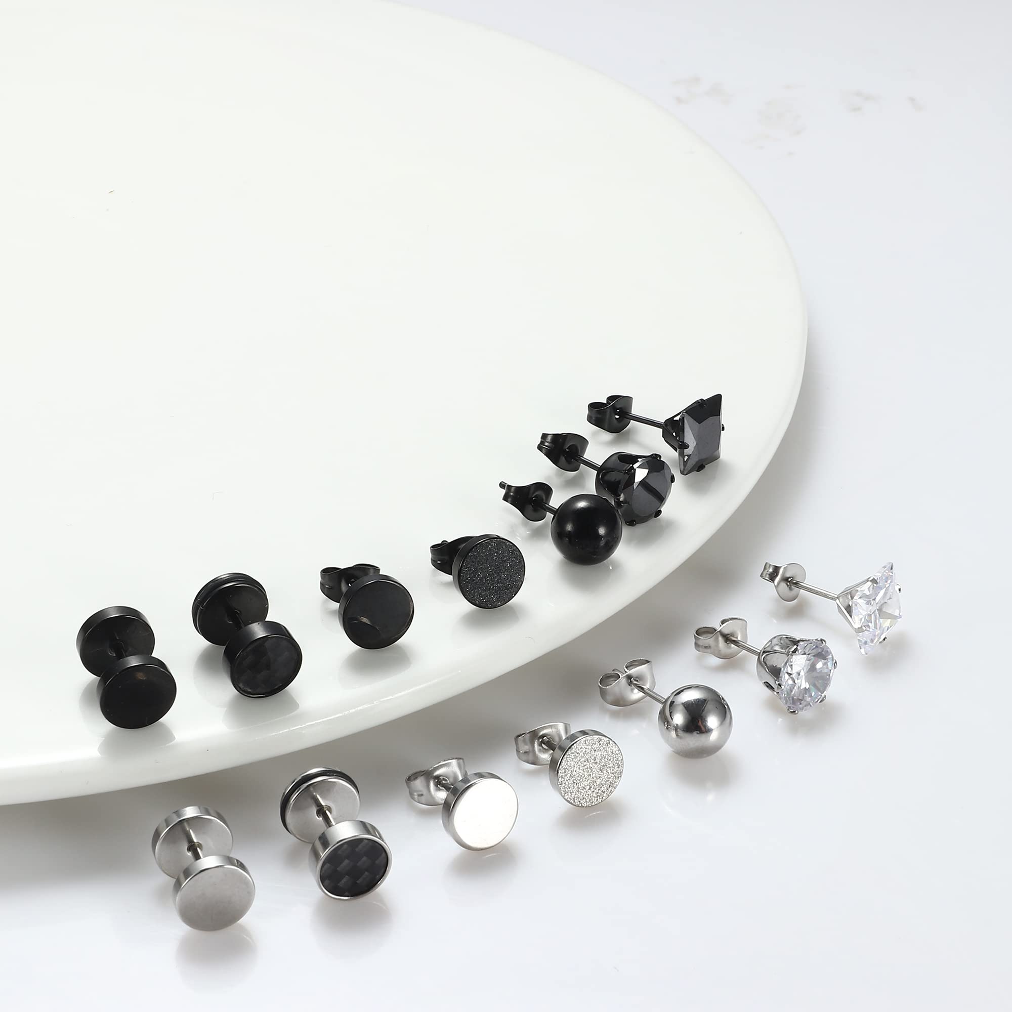 YADOCA 14-Pair Stainless Steel Black Stud Earrings Set for Men & Women | Cubic Zirconia Round Hypoallergenic Unisex Earrings | Perfect Jewelry Gift for Birthday, Anniversary & Everyday Wear