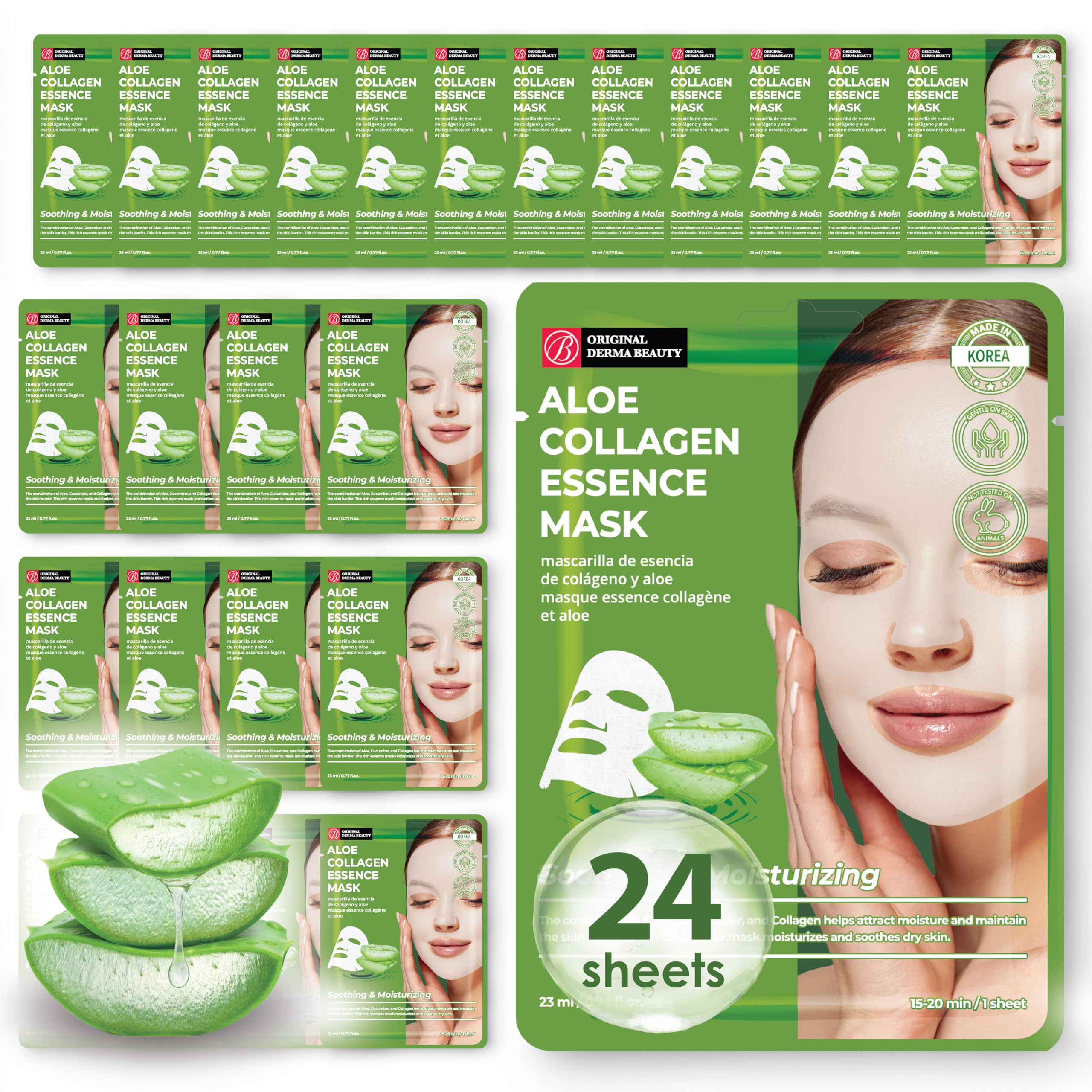 Derma Beauty Collagen Face Masks 24 Pack - Hydrating & Soothing Aloe Vera Sheet Mask Set for Glowing Skin | Korean Skincare for Dry, Sensitive & Dull Skin | Perfect for Spa Night, Self-Care Routine & Travel Skincare