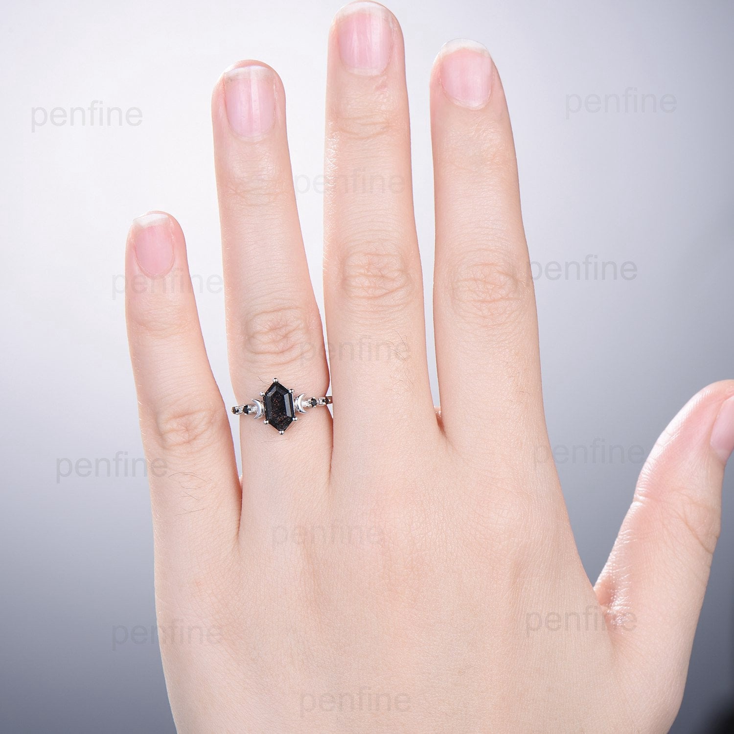 Black Rutilated Quartz Engagement Ring Set - Unique Hexagon Spinel Wedding Band for Women, Stackable Anniversary Ring for Her | Perfect for Proposals, Weddings, Stacking Jewelry Looks