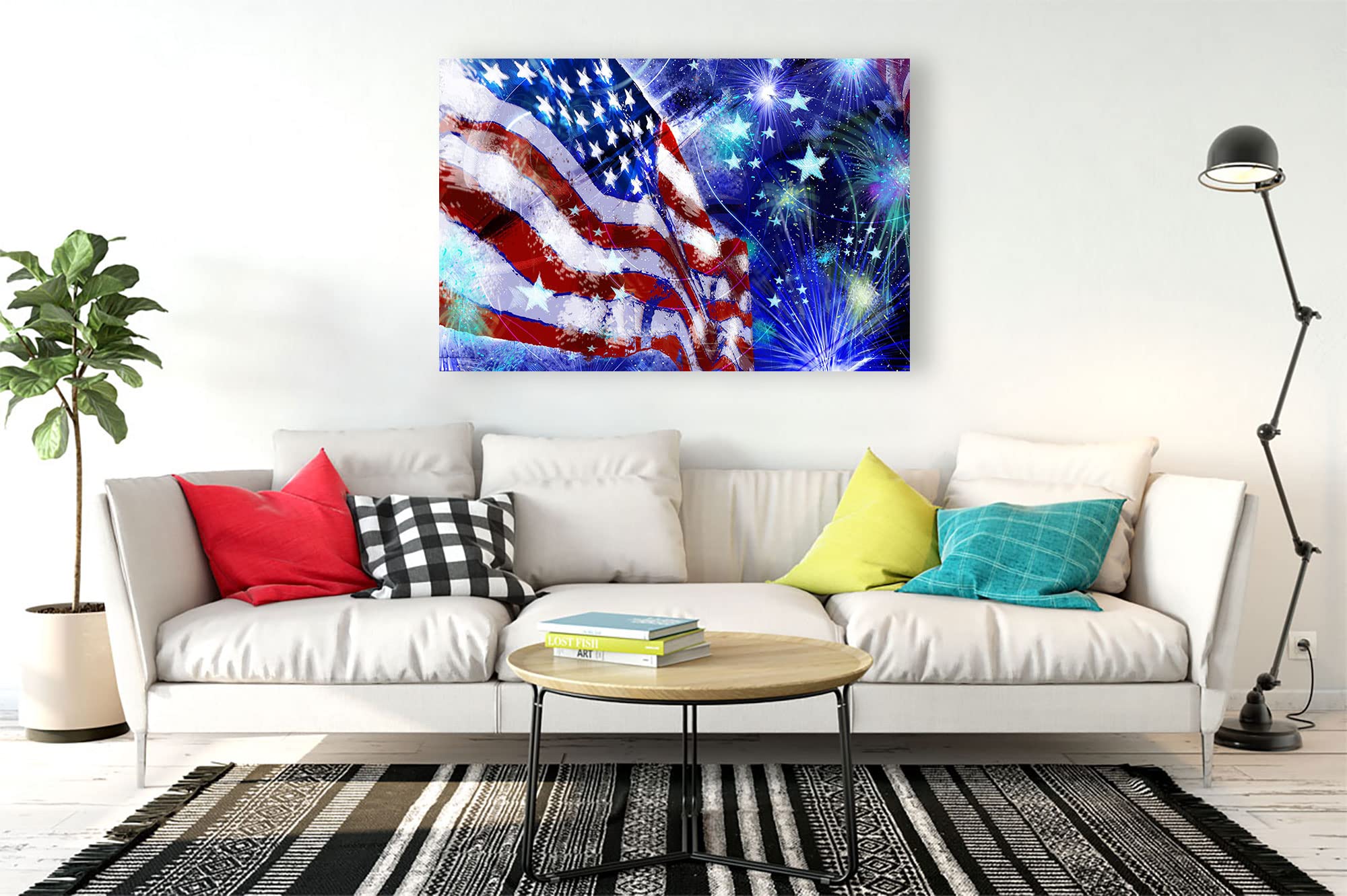 American Flag & Fireworks Canvas Wall Art - Framed Home Decor for Bedroom, Living Room, Kitchen & Bathroom - Ready to Hang 11x17 Inches - Perfect for Patriotic Holidays, Office Decor & Gift Giving