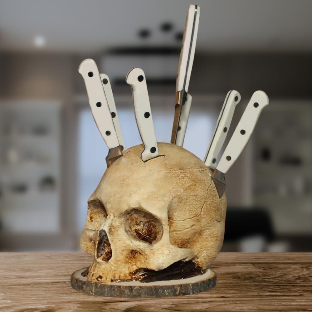 Horror-Themed Skull Knife Holder for Kitchen - Resin Halloween Knife Block with Skeleton Design | Perfect for Gothic Kitchen Decor, Halloween Party Display & Scary Fruit Storage Rack