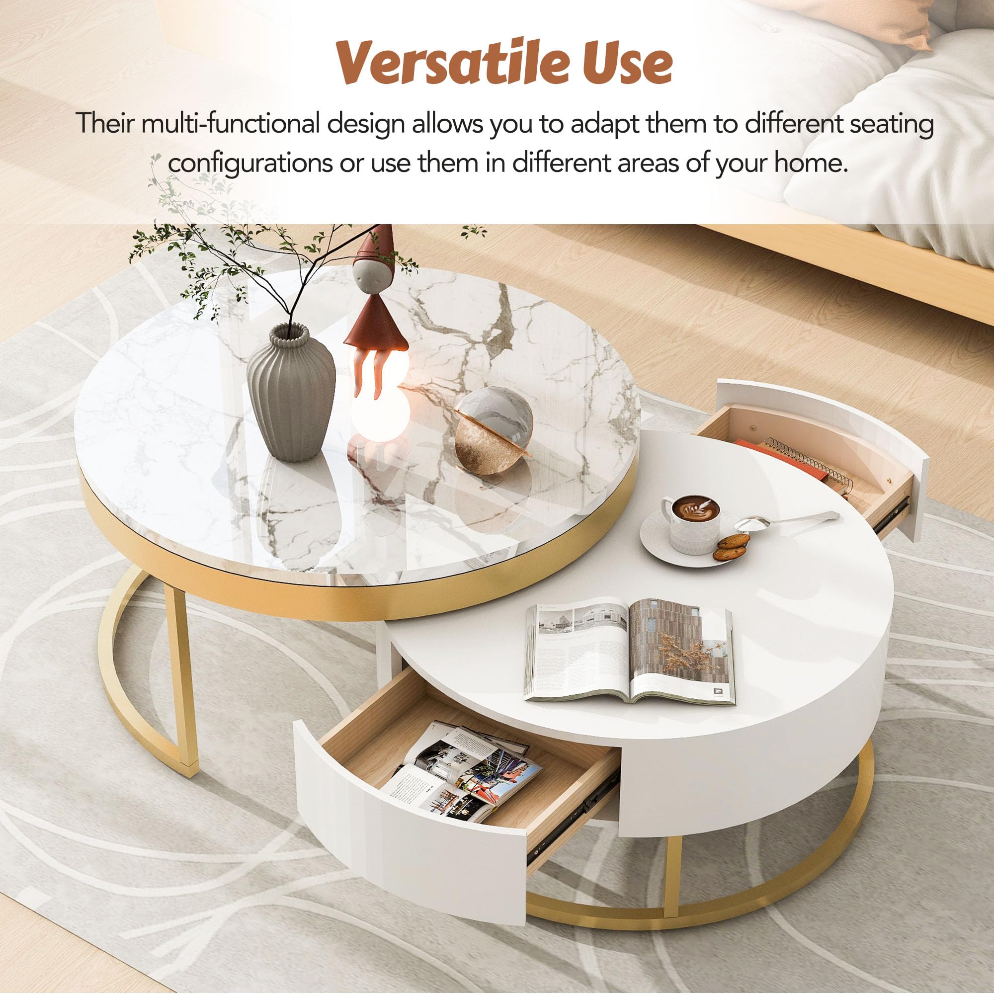 Modern White Round Nesting Coffee Table with Drawers - Stylish Circle Living Room Furniture for Small Spaces | Perfect for Apartments, Lounge Areas & Home Decor