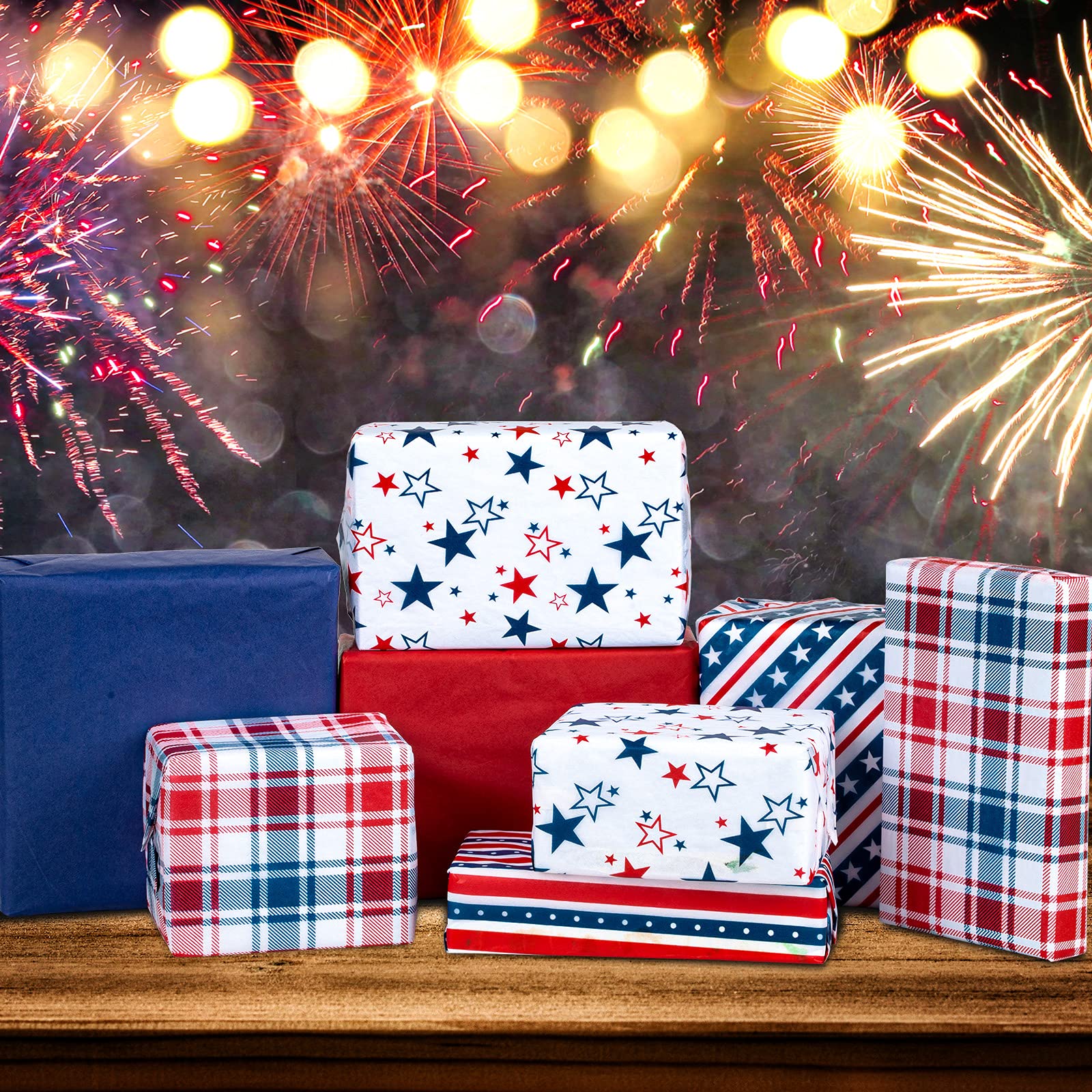 Whaline 4th of July Patriotic Tissue Paper - 90 Sheets with Stars & Stripes Patterns in Red, White & Blue | 6 Festive Designs for Independence Day Wrapping, DIY Crafts, Gift Packaging & Party Decorations | Perfect for Holiday Celebrations, Home Decor & Party Favors