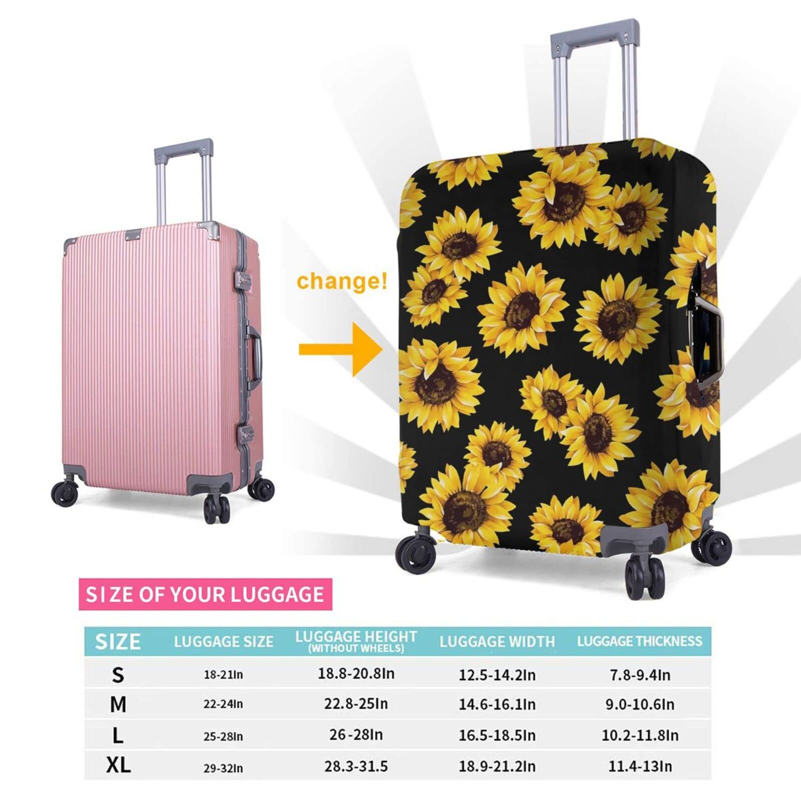 Sunflower Elastic Luggage Cover - Washable & Durable Suitcase Protector with Concealed Zipper for 18-32 Inch Travel Bags - Perfect for Airplane, Train & Road Trips