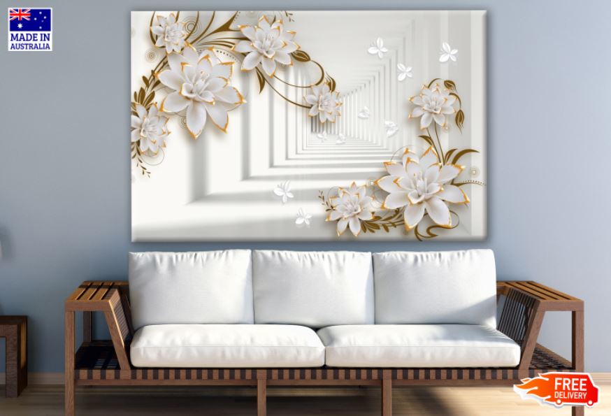3D Gold & White Floral Design Print 100% Australian Made - Elegant Home Decor for Living Room, Bedroom & Office