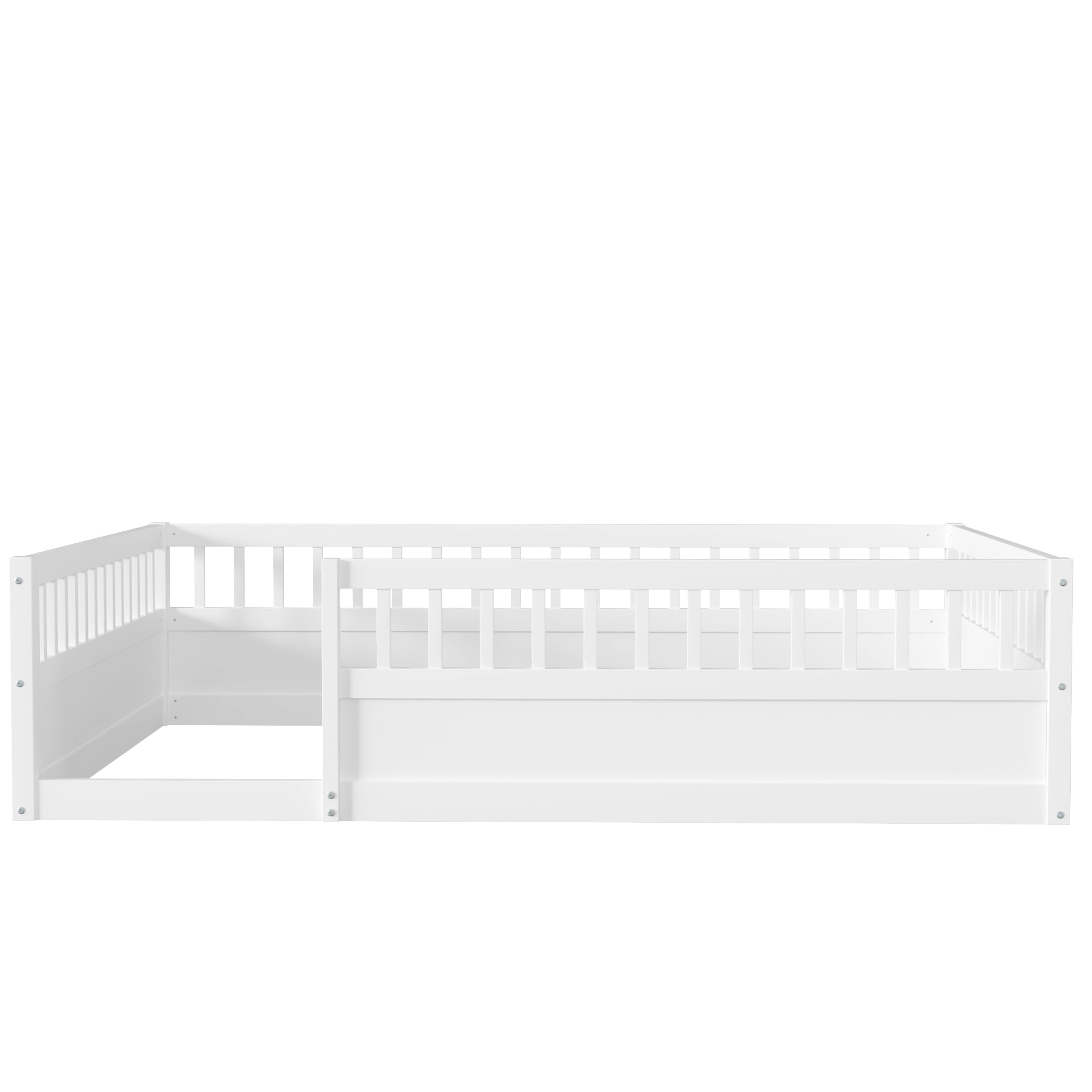 Montessori Full Size Toddler Floor Bed with Safety Fence & Solid Wood Guardrails - White Playhouse Bed for Kids Room | Safe Sleeping & Play Area for Toddlers, Daytime Naps & Montessori Learning Activities