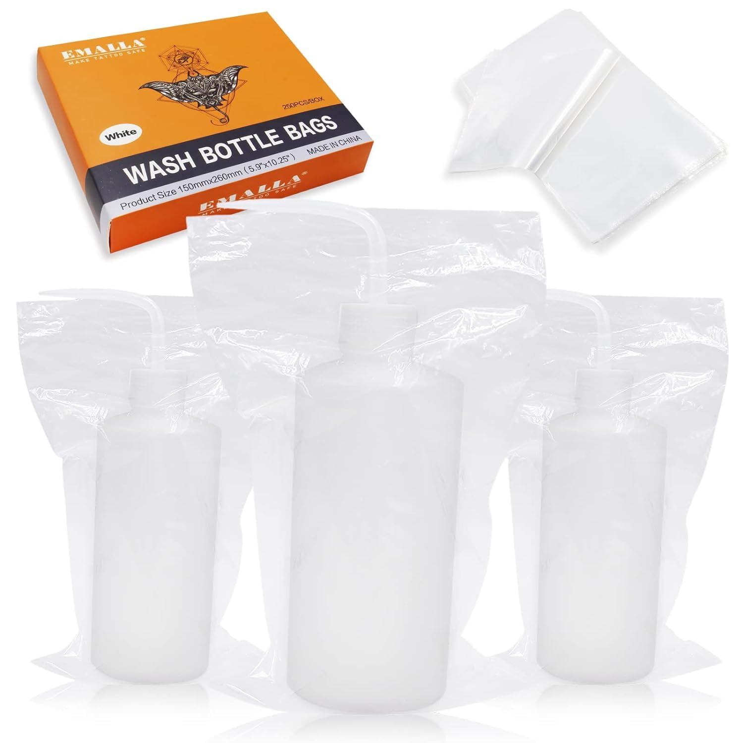 Yuelong 2Pcs 500ml Tattoo Wash Bottle with 250pcs Squeeze Bottle Bags Kit - Medical Grade Water Squirt Bottle with Scale Labels for Tattoo Artists & Body Art Supplies - Perfect for Tattoo Shops, Piercing Studios & Medical Facilities