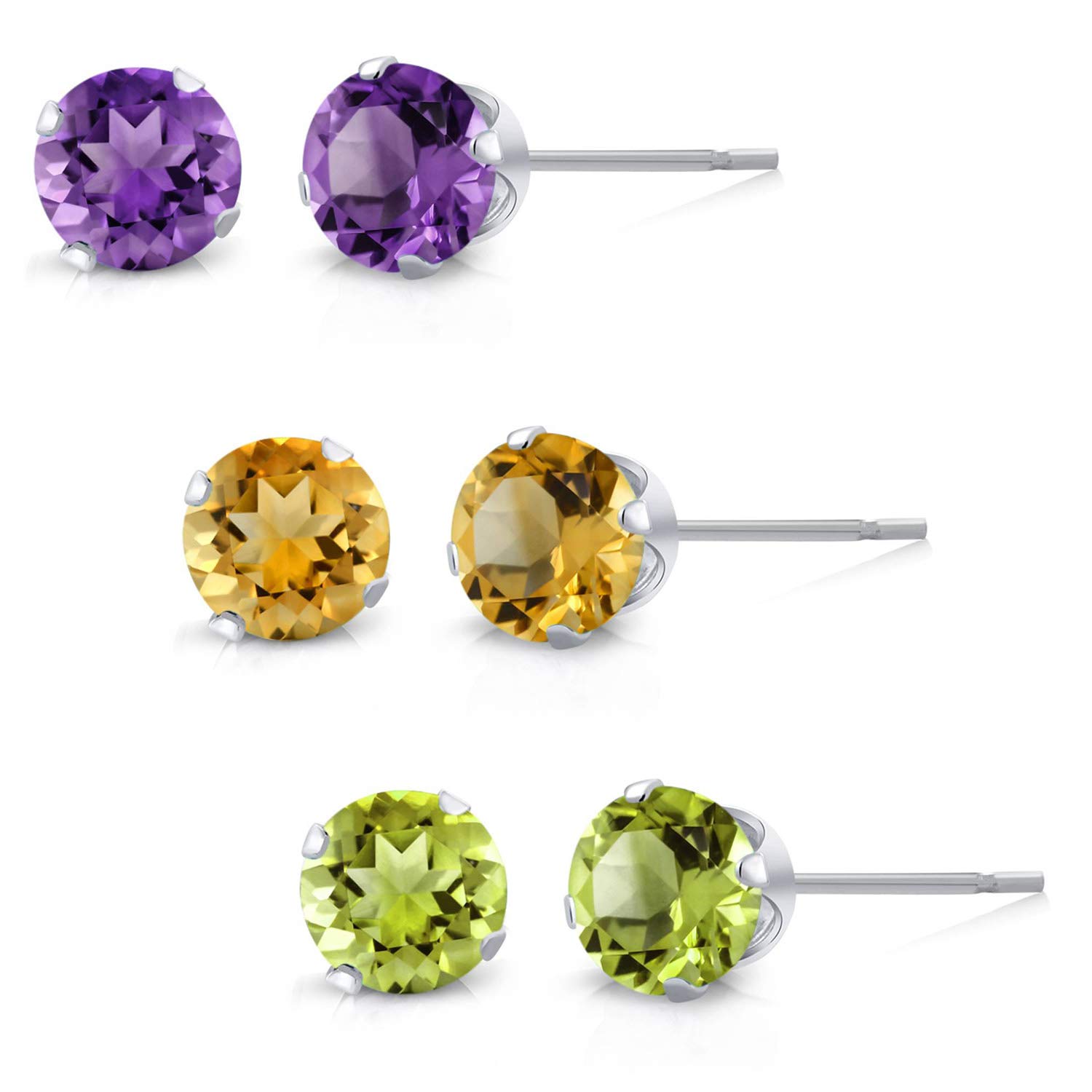 Gem Stone King 925 Sterling Silver Stud Earrings Set - 3 Pairs of 4MM Round Amethyst, Citrine & Peridot Earrings for Women & Men | Perfect for Everyday Wear, Gifts & Special Occasions