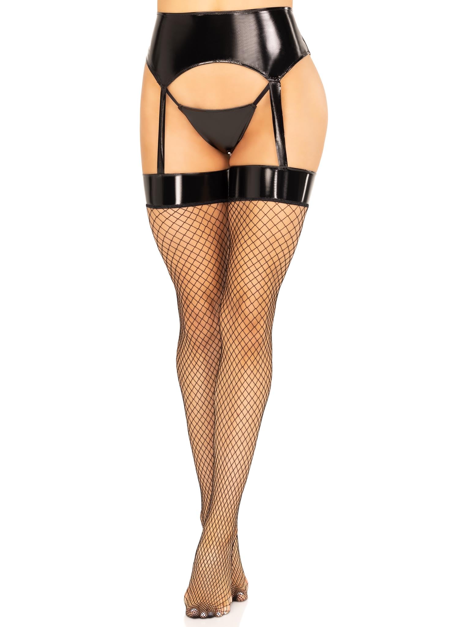Leg Avenue Women's 2-Piece Vinyl Garter Belt Set with Attached Fishnet Stockings & Matching G-String Panty - Sexy Lingerie for Valentine's Day & Boudoir Photography