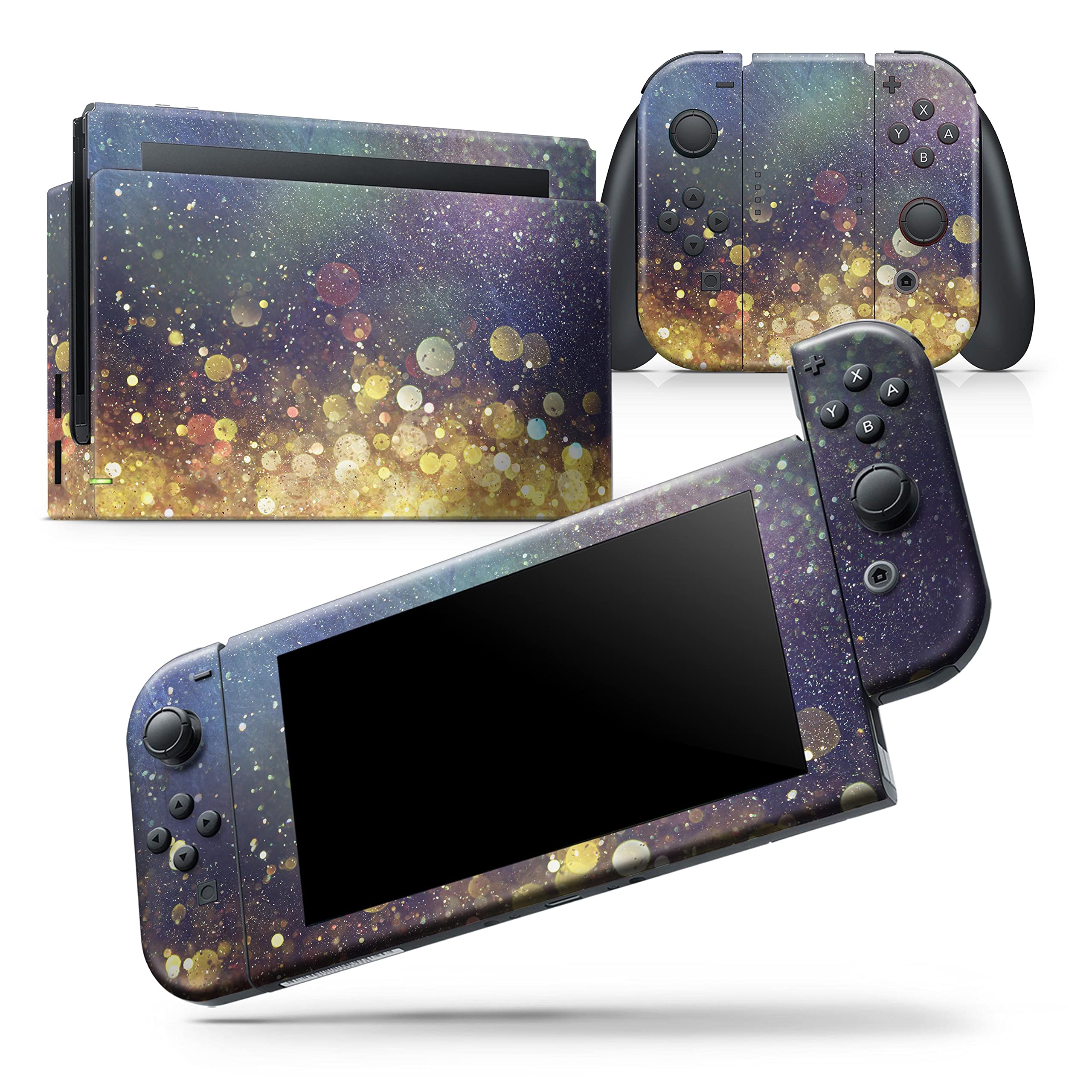 Nintendo Switch & Joy-Con Protective Vinyl Skin Decal - Scratch-Resistant Removable Wrap Cover - Gold Sparkle Multicolor Design - Perfect for Gaming, Travel & Custom Console Protection
