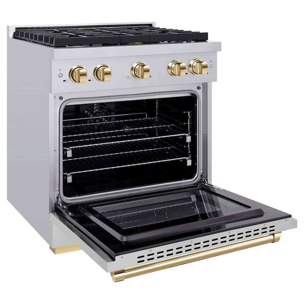 ZLINE Autograph Edition 30-inch 4.2 cu. ft. Dual Fuel Range - Stainless Steel Gas Cooktop with 4 Burners & Electric Convection Oven - Polished Gold Accents (SDRZ 30 G) - Perfect for Gourmet Kitchens & Modern Home Cooking