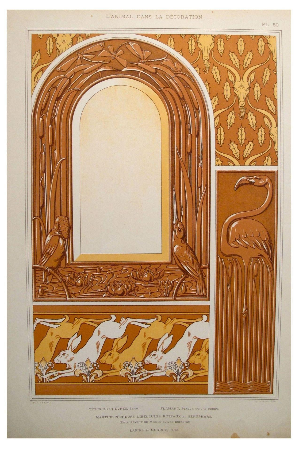 1898 French Decorator Pochoir - Vintage Animal Stencil Art with Goat, Flamingo, Dragonflies, Kingfishers & Rabbits - Verneuil Plate 50 - Perfect for Home Decor, Wall Art & Scrapbooking Projects