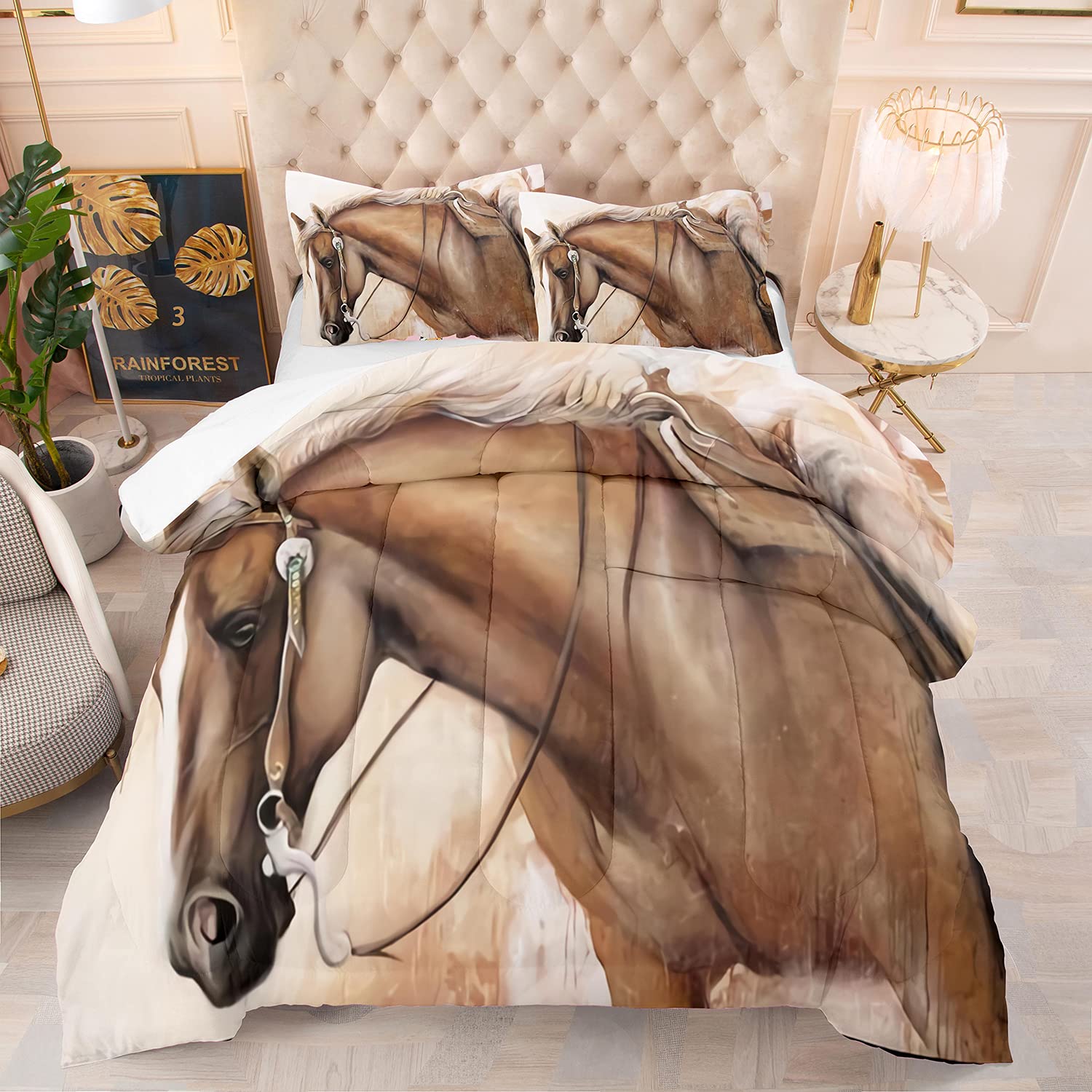 Brown Horse Comforter Set Twin Size 2 Piece Wild Animal Bedding - 1 Comforter + 1 Pillow Sham for Kids Room, Western Theme Bedroom Decor, Farmhouse Style Nursery