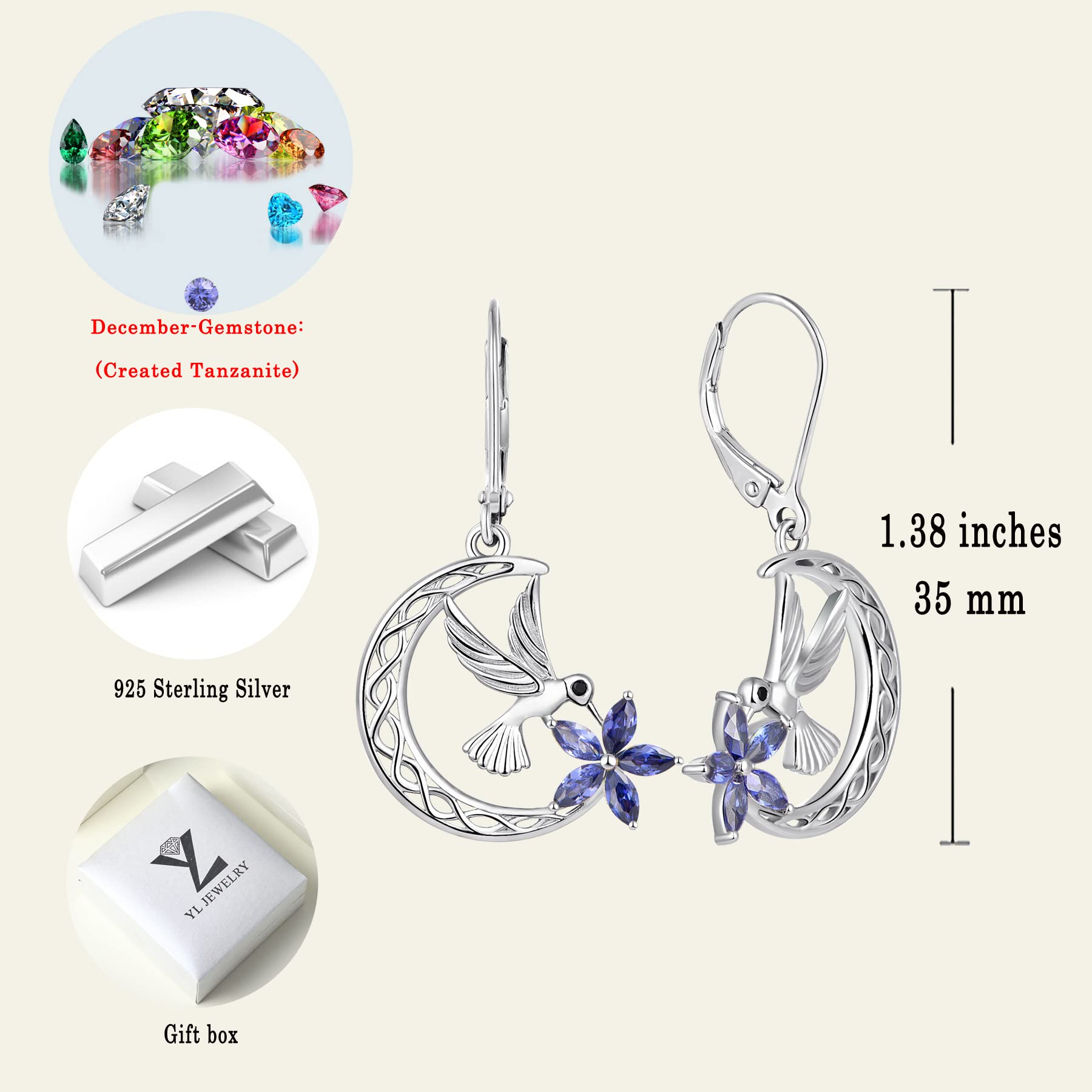 Sterling Silver Celtic Moon Flower Hummingbird Dangle Drop Earrings with Birthstone - Leverback Jewelry for Women - Perfect for Weddings, Parties & Everyday Wear