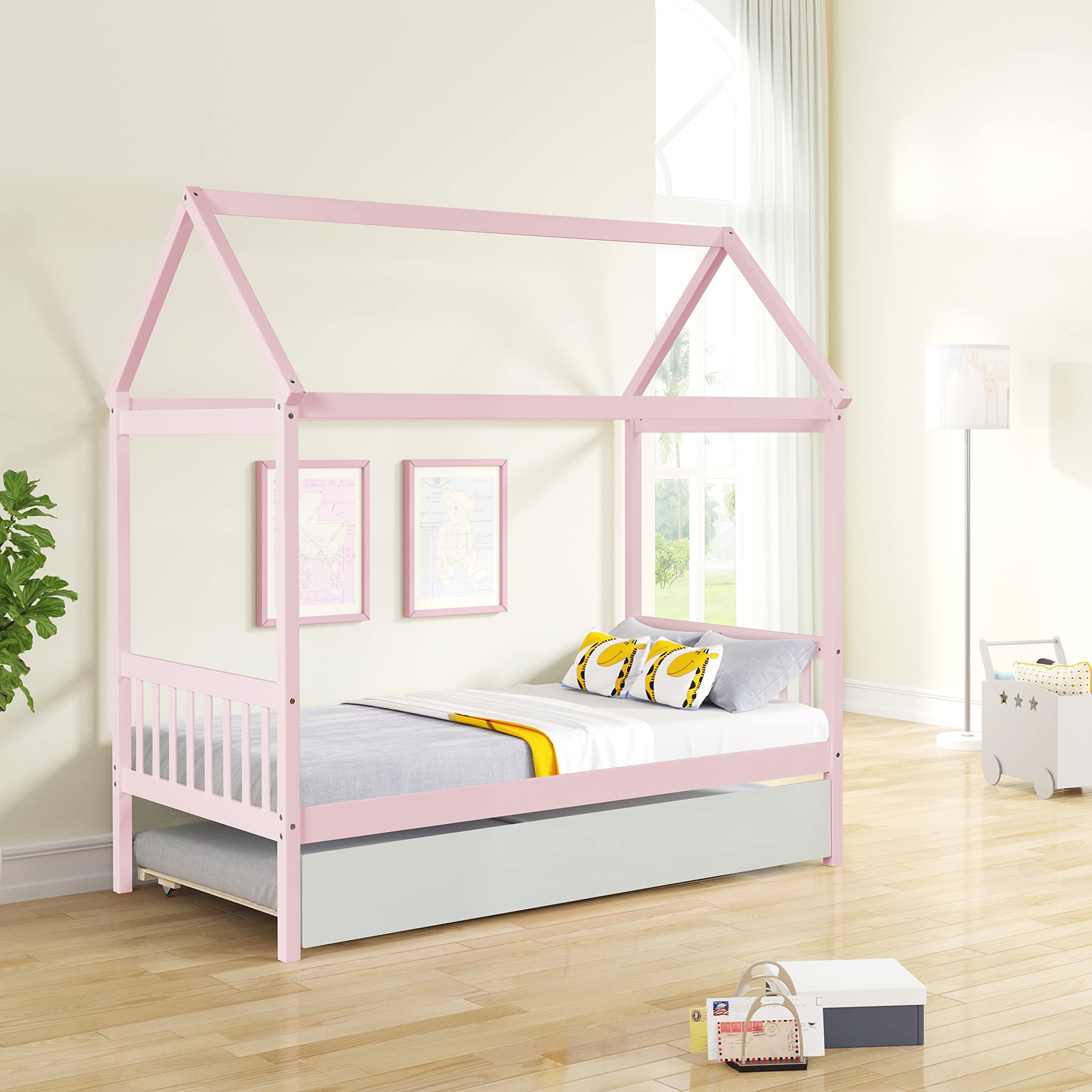 Merax Twin Size Wooden House Bed with Trundle - Pink Kids Bed Frame with Roof, Headboard & Footboard for Girls & Boys | Perfect for Bedroom Decor & Playroom Fun